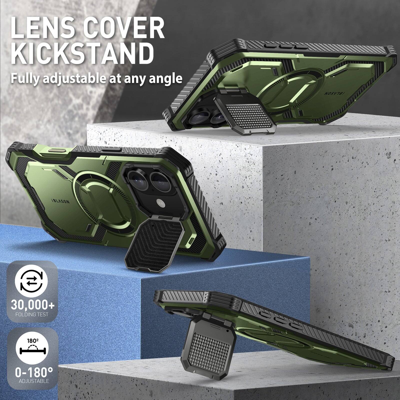 LENS COVER KICKSTAND  
Fully adjustable at any angle  

30,000+ FOLDING TEST  

180°  
0-180° ADJUSTABLE