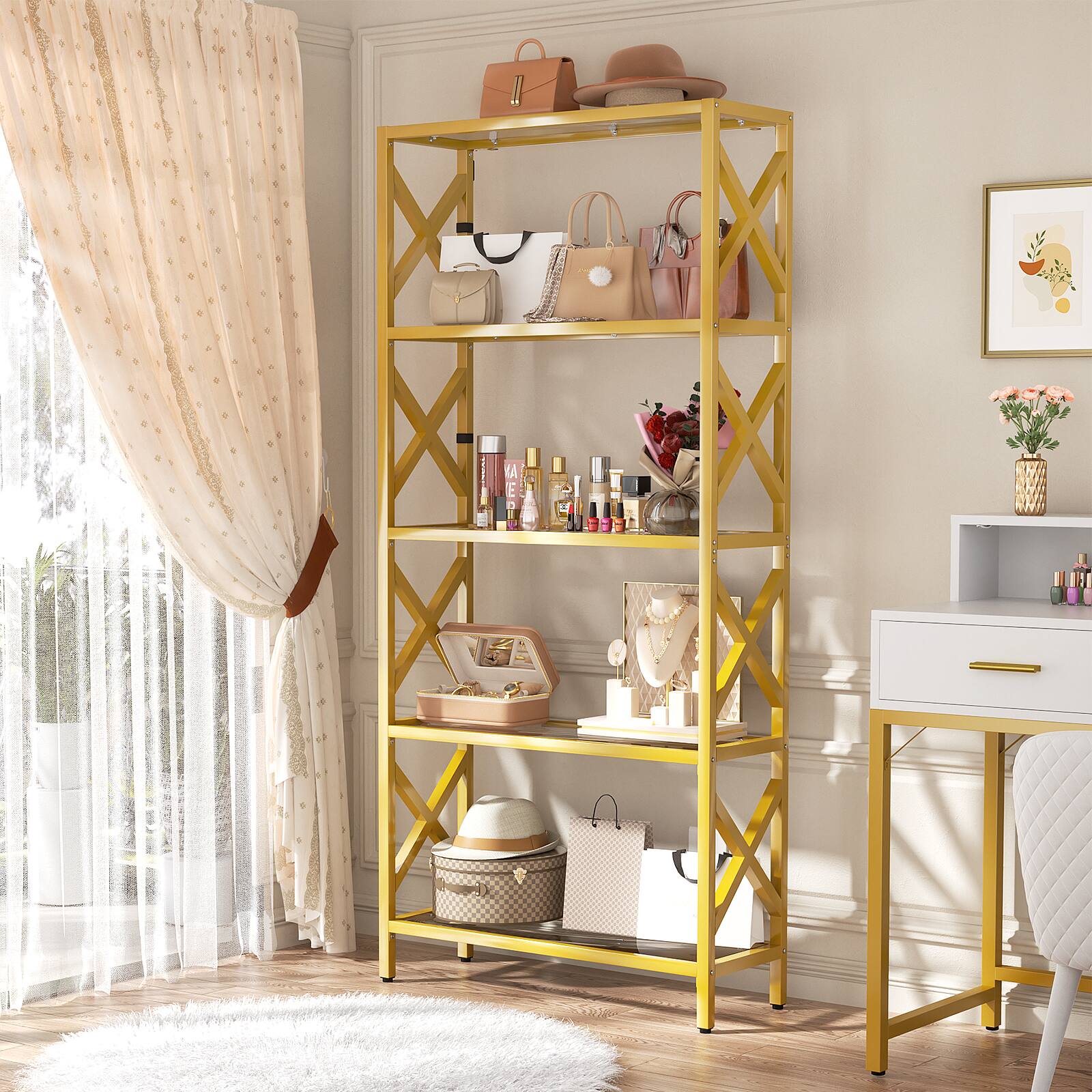 Alt View 4. Aheaplus - 5-Tier LED Display Bookshelf - Gold Tempered Glass Storage Rack with Heavy-Duty Metal Frame for Living Room, Office - Gold.