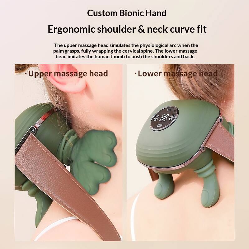 Custom Bionic Hand  
Ergonomic shoulder & neck curve fit  

The upper massage head simulates the physiological arc when the palm grasps, fully wrapping the cervical spine. The lower massage head imitates the human thumb to push the shoulders and back.  

- Upper massage head  
- Lower massage head