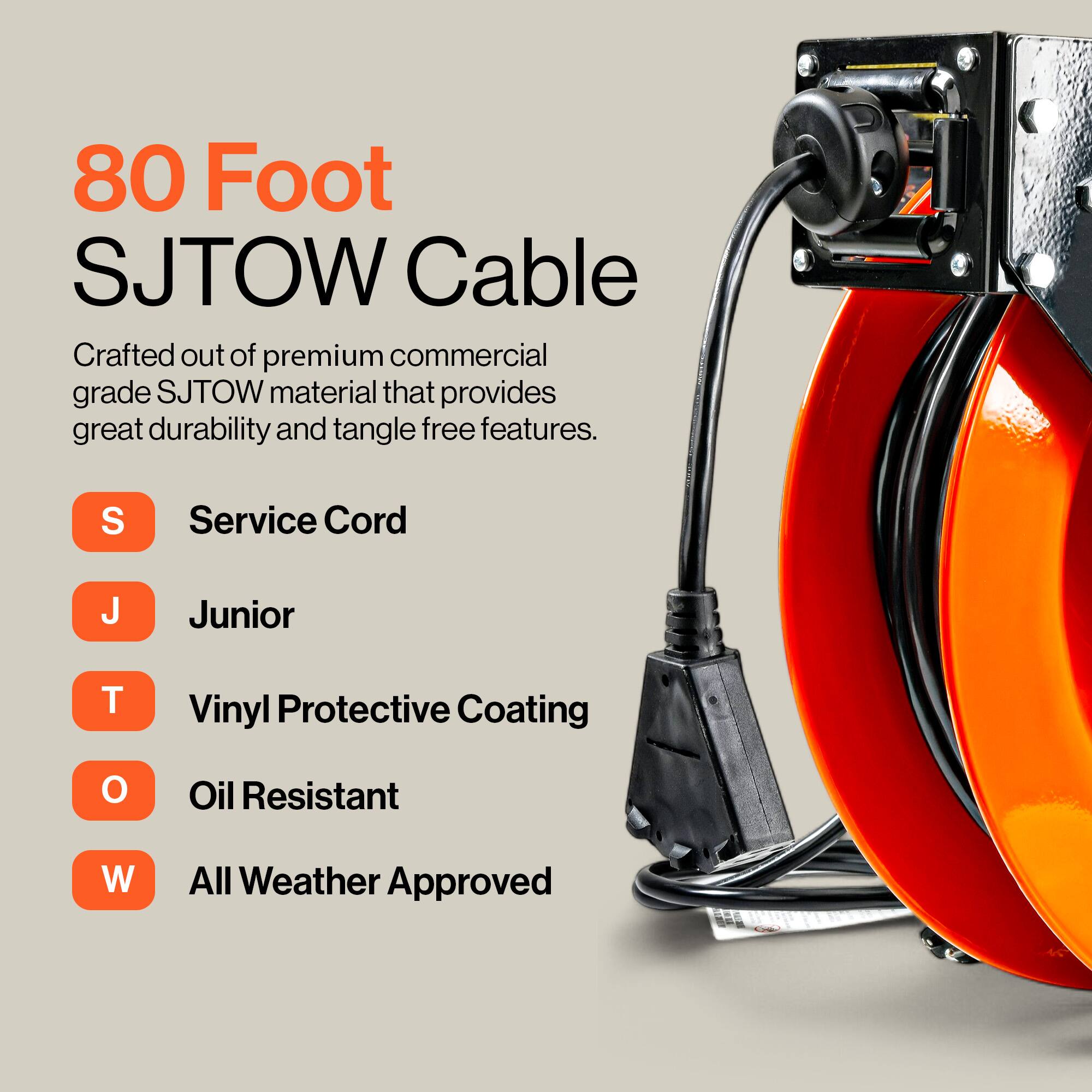 80 Foot SJTOW Cable

Crafted out of premium commercial grade SJTOW material that provides great durability and tangle free features.

- S: Service Cord
- J: Junior
- T: Vinyl Protective Coating
- O: Oil Resistant
- W: All Weather Approved
