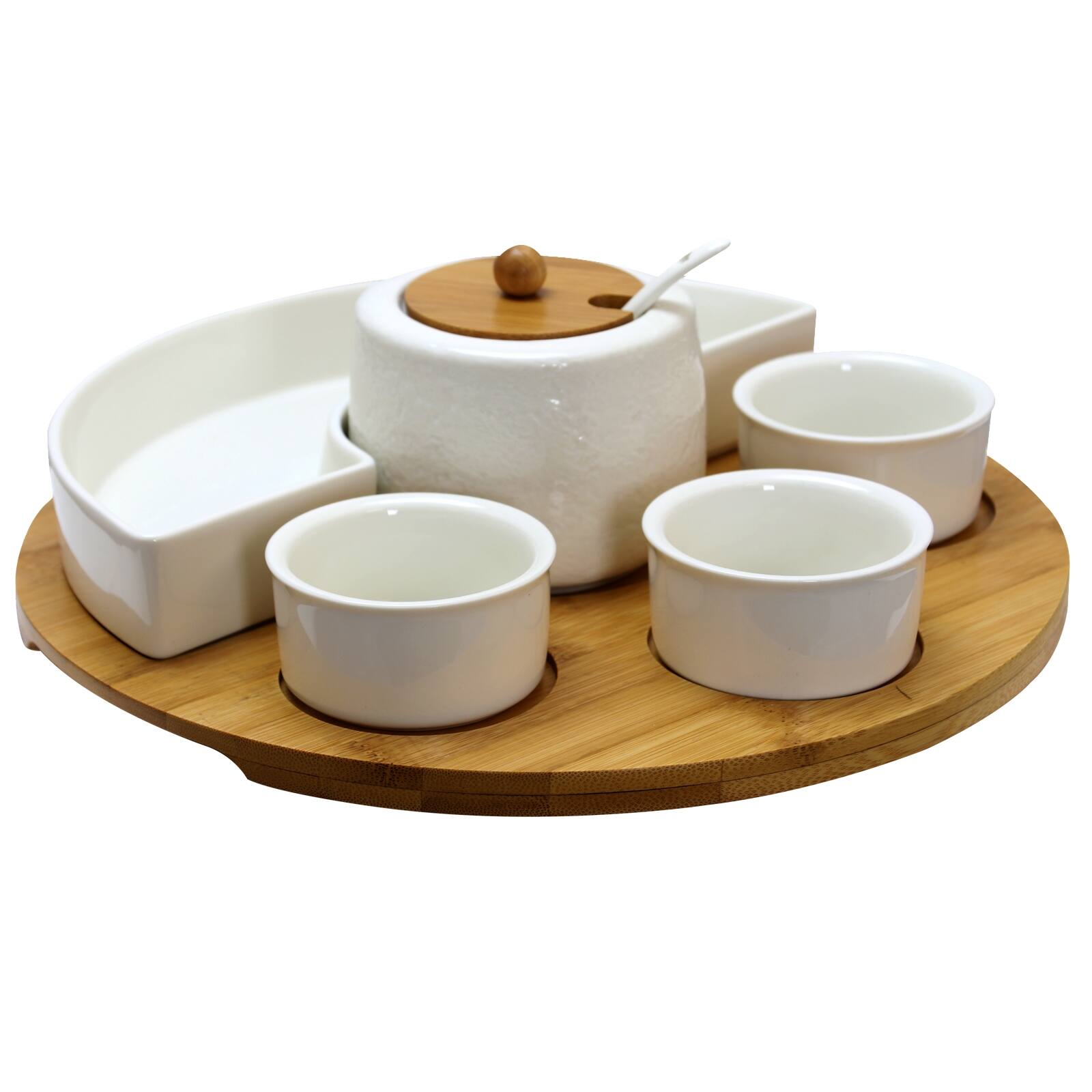 Back. Elama - Elama 8 Piece Appetizer Serving Set with 4 Serving Dishes, Center Condiment Server, Spoon, and Bamboo Serving Tray - Brown.