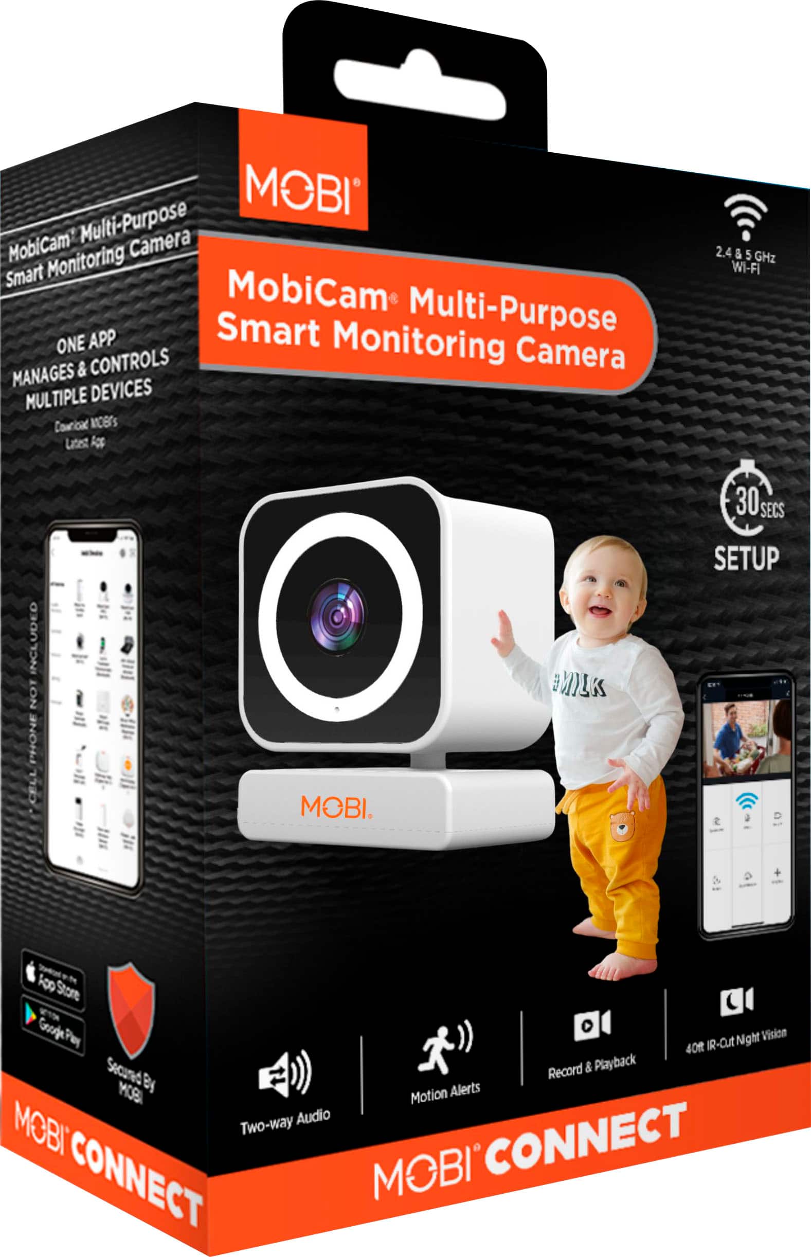 OBI Mobicam Multi-Purpose Camera Smart Monitoring & Controls Camera Manages Multiple Devices Courical MC8'S Latest Acs 2.4 & 5 GHz Wi-Fi NCLUDED NOT PHONE CELL MOBI. ALINE 30SEC SETUP Aoo Store Google Pay IR-Cut Night Vision 40 IR Secured Record & Playback By t MI Motion Alerts Two-way Audio MOBI CONNECT MOBI.