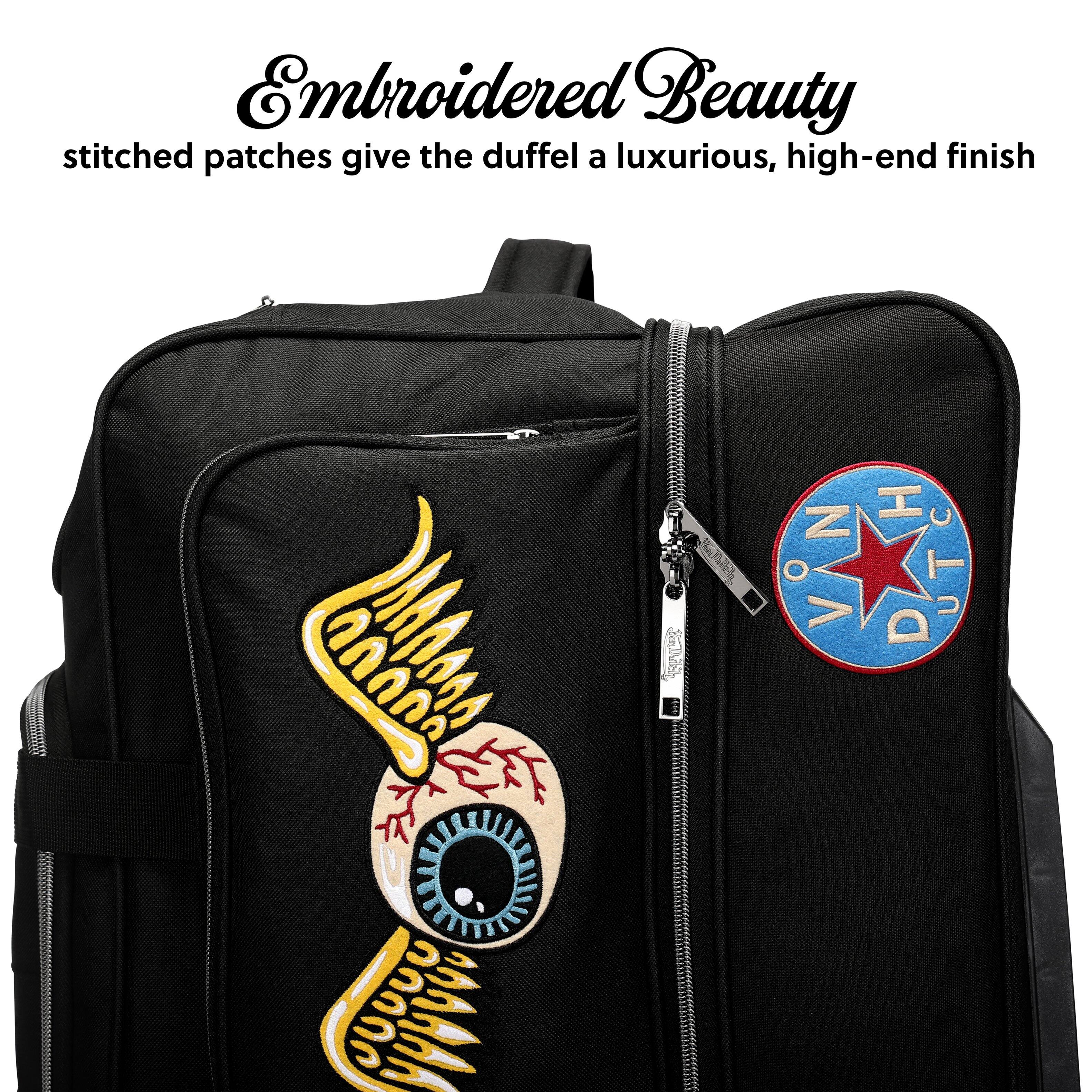 Embroidered Beauty stitched patches give the duffel a luxurious, high-end finish