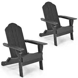 Costway - 2PCS Patio Folding Adirondack Chair Weather Resistant Cup Holder Yard - Black