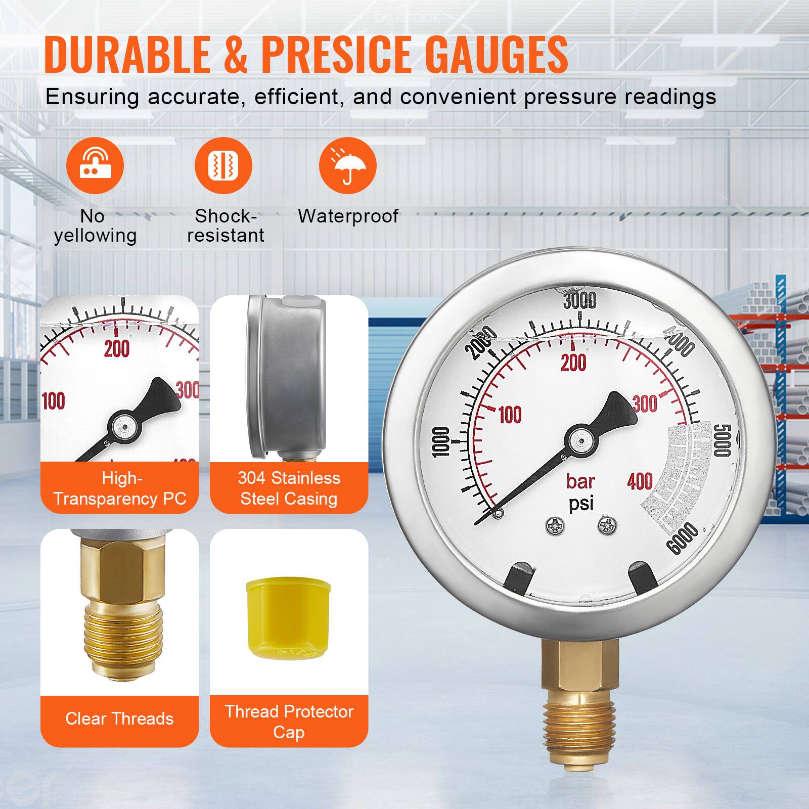 DURABLE & PRECISE GAUGES  
Ensuring accurate, efficient, and convenient pressure readings

- No yellowing
- Shock-resistant
- Waterproof

- High-Transparency PC
- 304 Stainless Steel Casing
- Clear Threads
- Thread Protector Cap

200 300 100 1000  
3000 200 bar psi  
400 5000 6000
