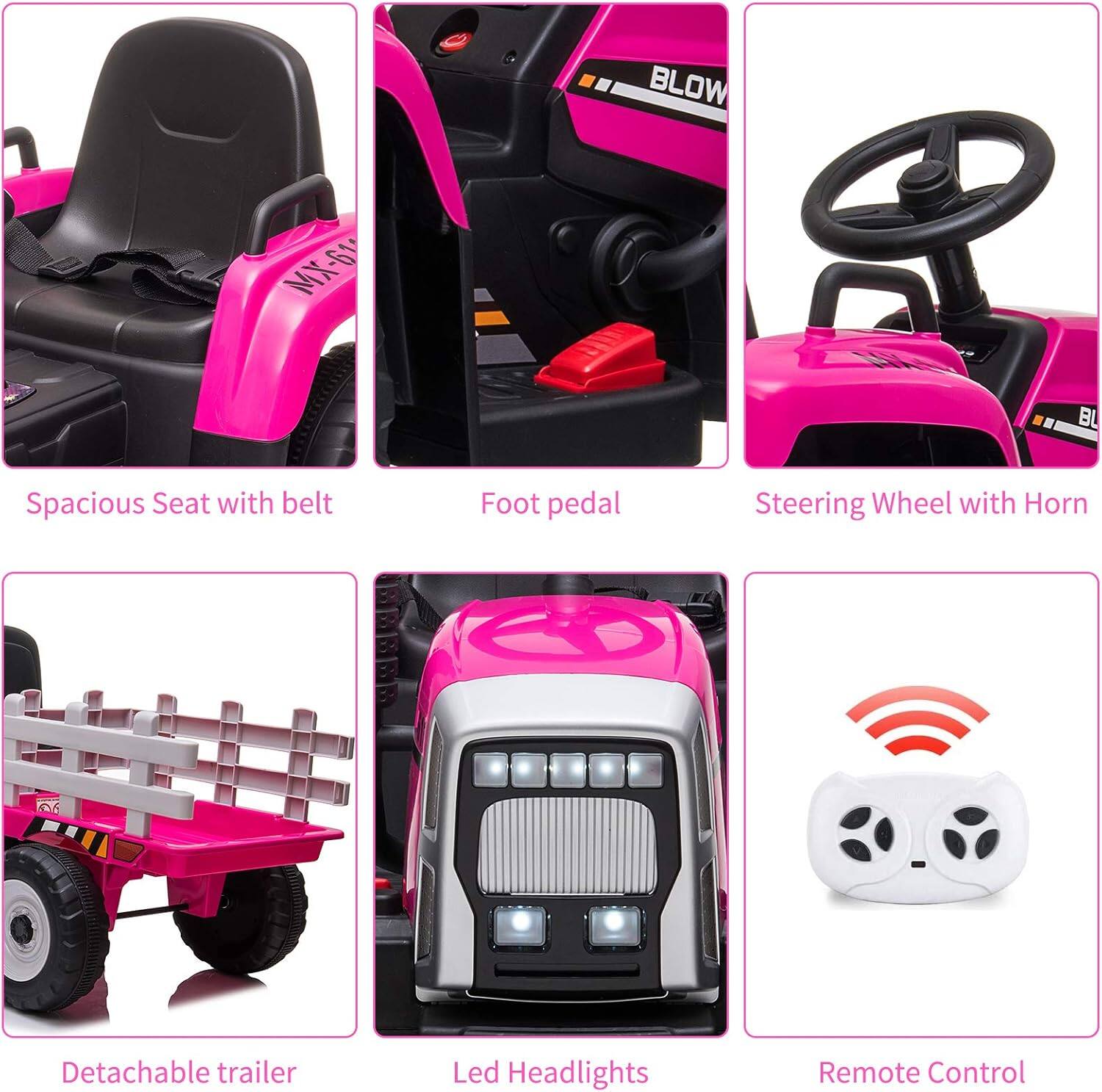MX-61 Spacious Seat with belt  
Foot pedal  
Steering Wheel with Horn  
Detachable trailer  
Led Headlights  
Remote Control
