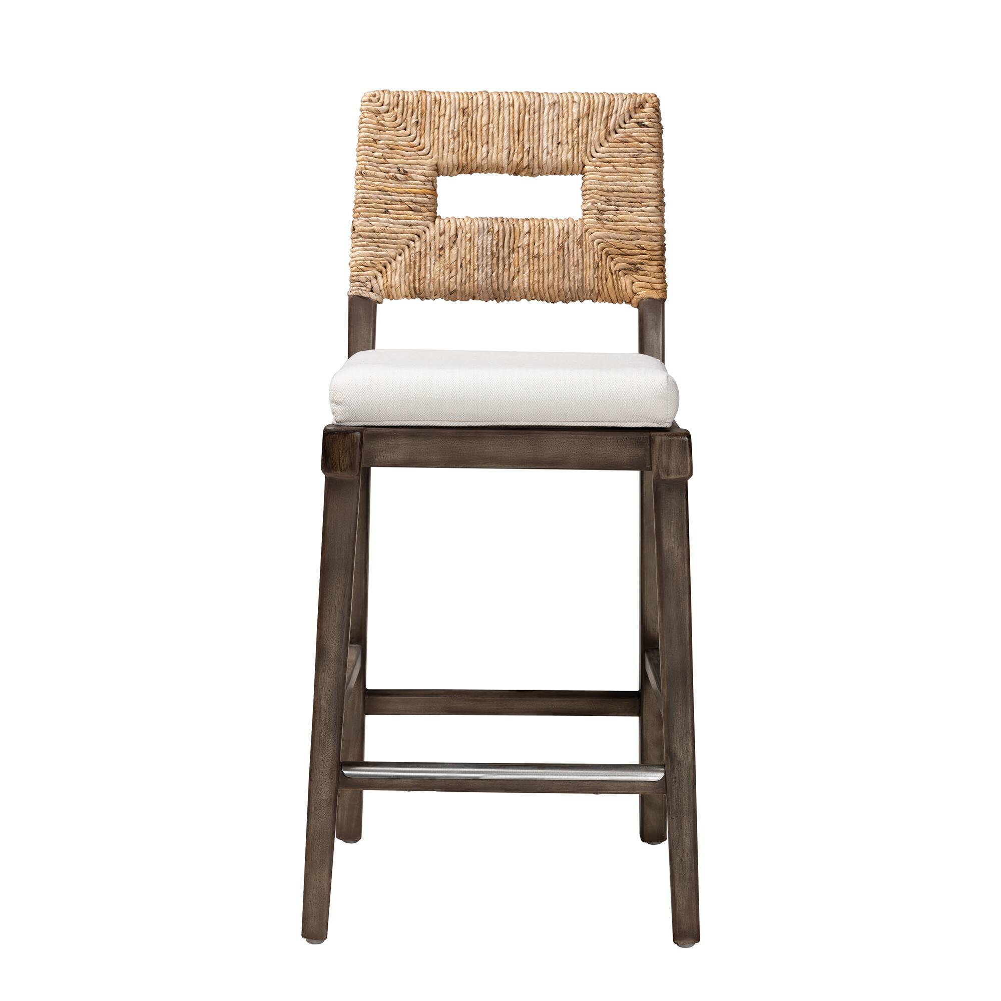 Angle. bali & pari - Porsha Modern Bohemian Finished Mahogany Wood and Natural Rattan Counter Stool - Dark Brown/Natural Brown/White.