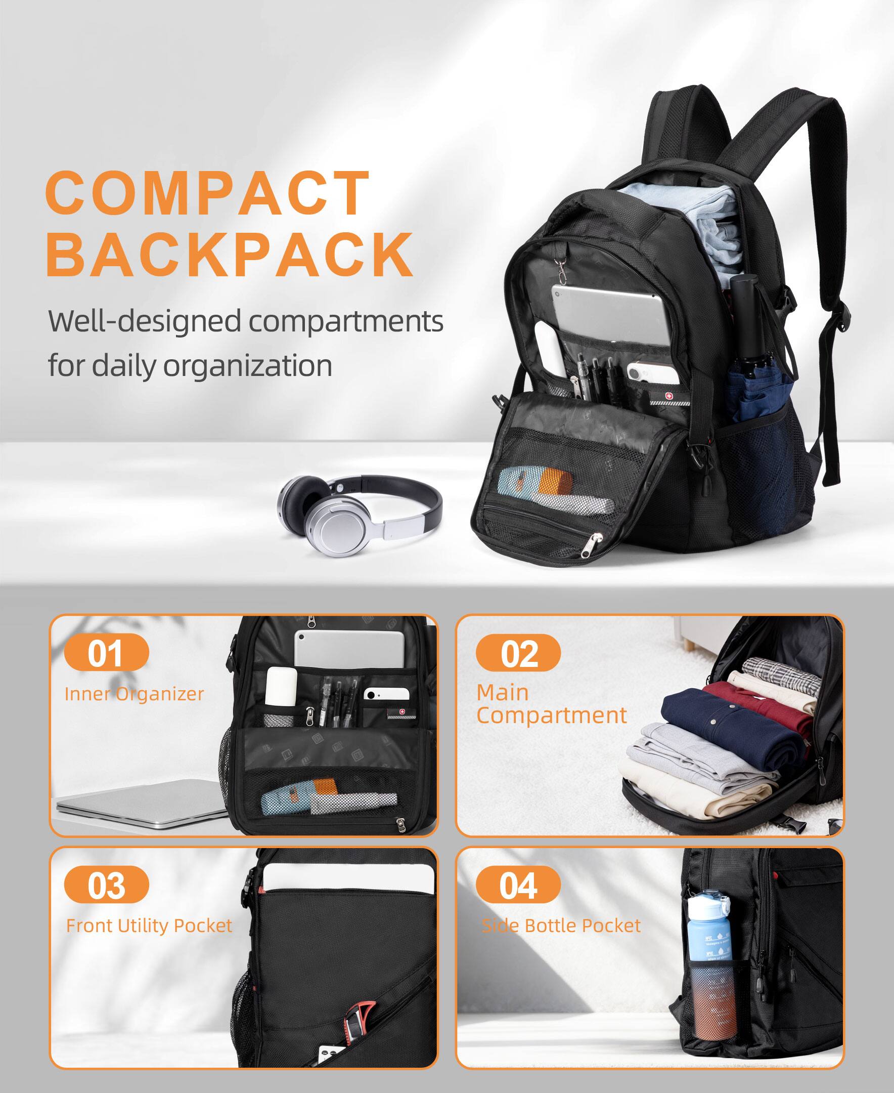 COMPACT BACKPACK

Well-designed compartments for daily organization

01 Inner Organizer

02 Main Compartment

03 Front Utility Pocket

04 Side Bottle Pocket