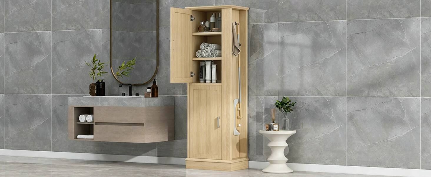 Alt View 7. Loheer - Loheer Tall Bathroom Storage Cabinet Freestanding Organizer with Adjustable Shelves and Hooks Natural MDF - Natural.