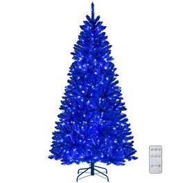 Costway - 7 FT Artificial Christmas Tree with 900 Branch Tips 340 LED Lights 3 Lighting Modes - Royal Blue