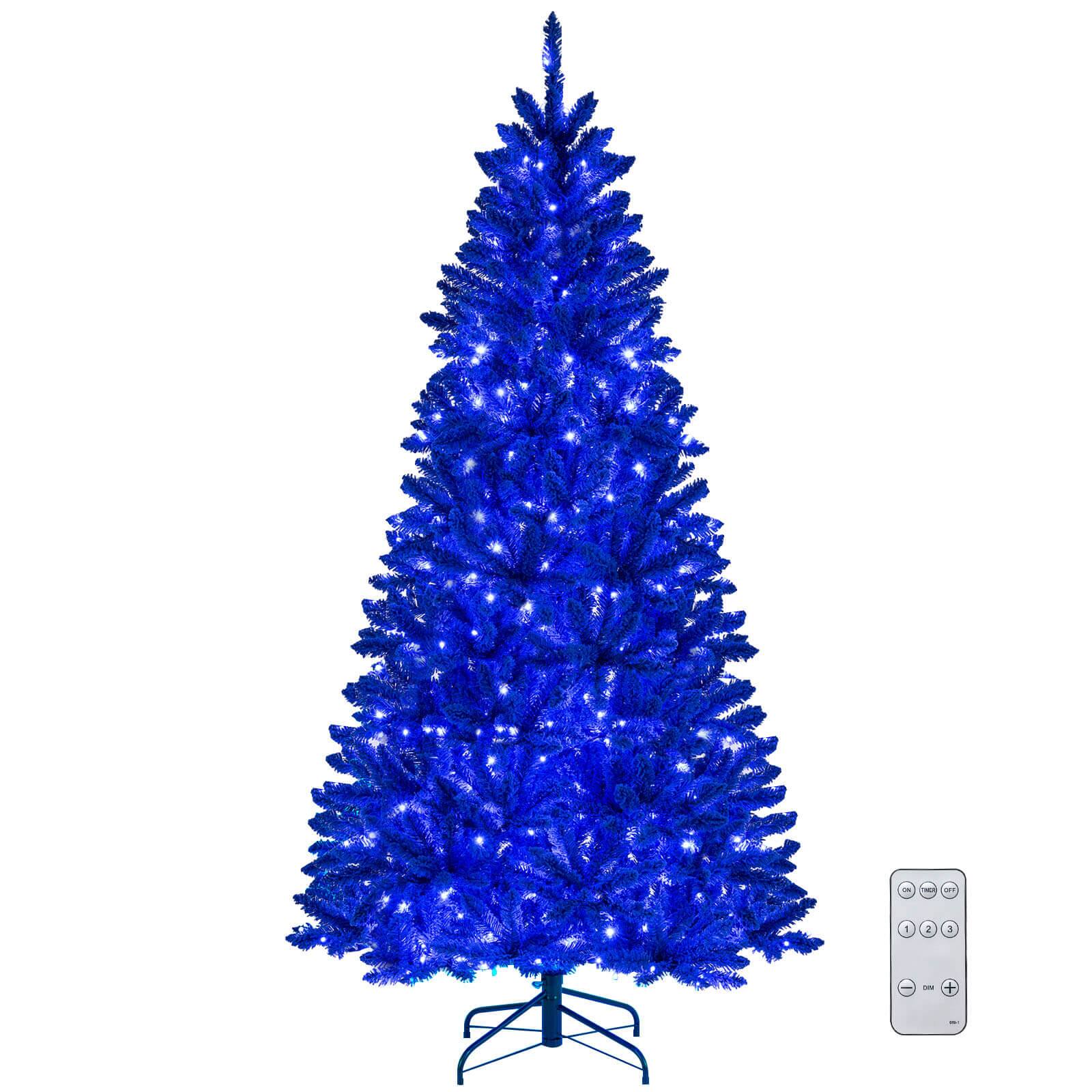 Costway - 7 FT Artificial Christmas Tree with 900 Branch Tips 340 LED Lights 3 Lighting Modes - Royal Blue