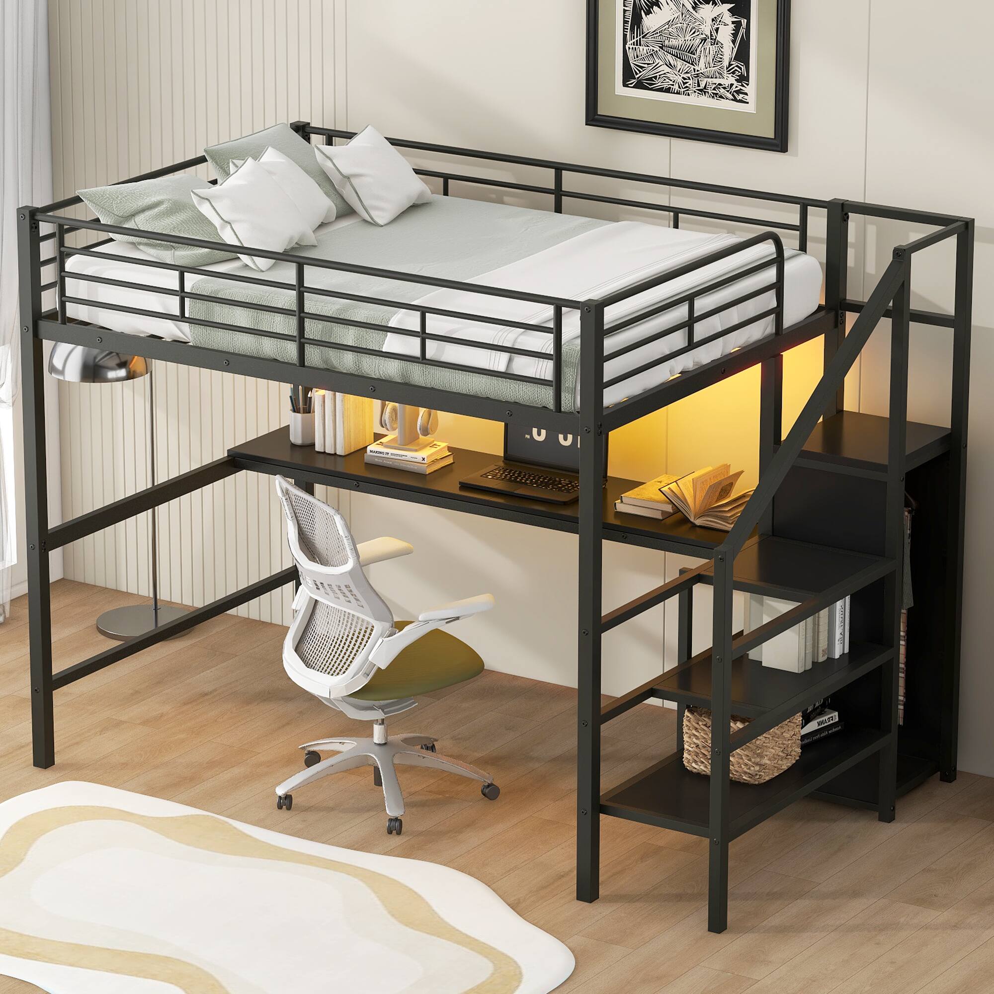 Back. Anysun - Full Size Metal Loft Bed with Desk, Storage Staircase, Wardrobe & LED Light, Space-Saving Bed for Kids Room or Bedroom - Black.
