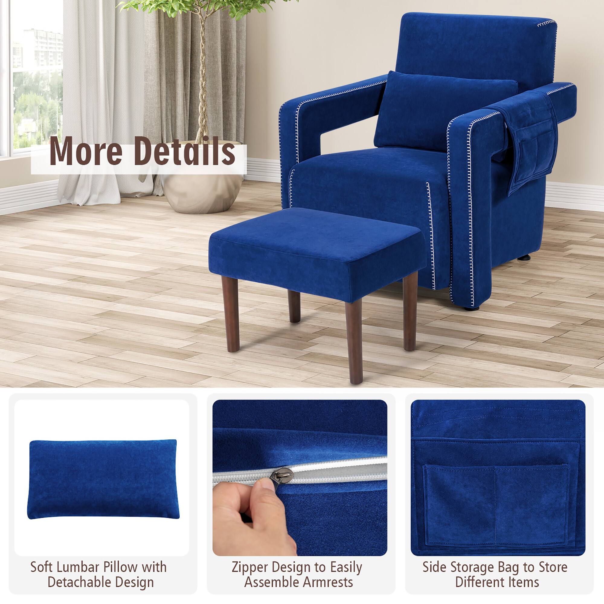 The text on the image reads: "More Details Soft Lumbar Pillow with Detachable Design Zipper Design to Easily Assemble Armrests Side Storage Bag to Store Different Items."