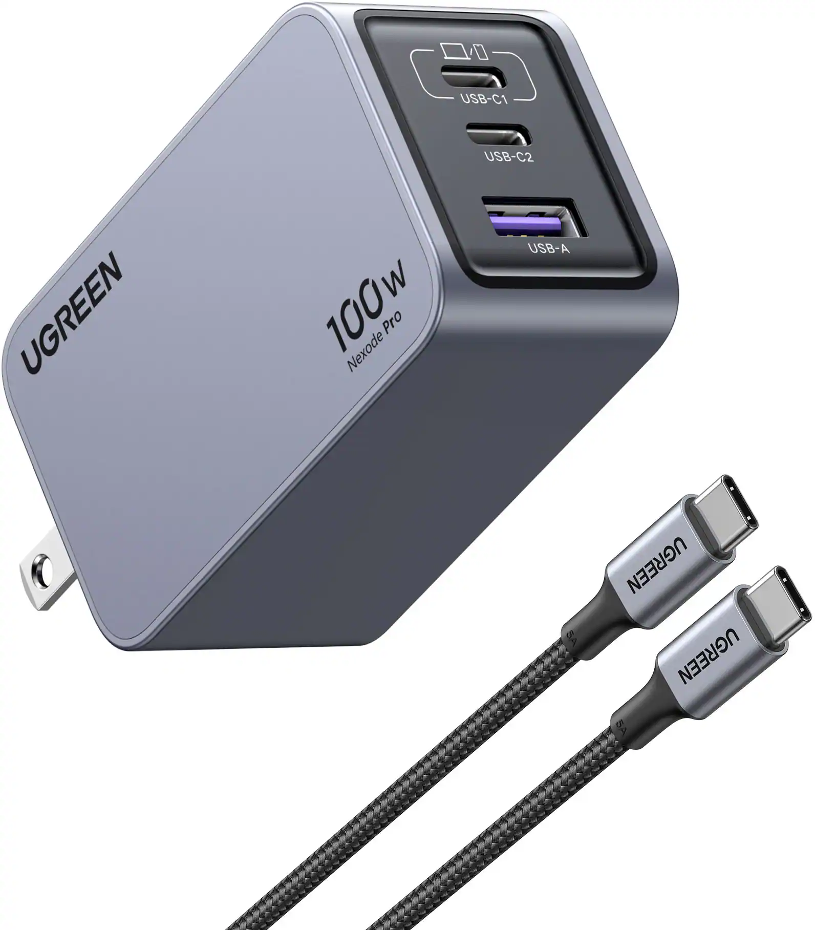 UGREEN - Nexoede Pro 100W USB-C Charger Set, PPS 3-Port Compact Foldable GaN Charger for MacBook Pro/Air, iPad, iPhone Series - Space Gray