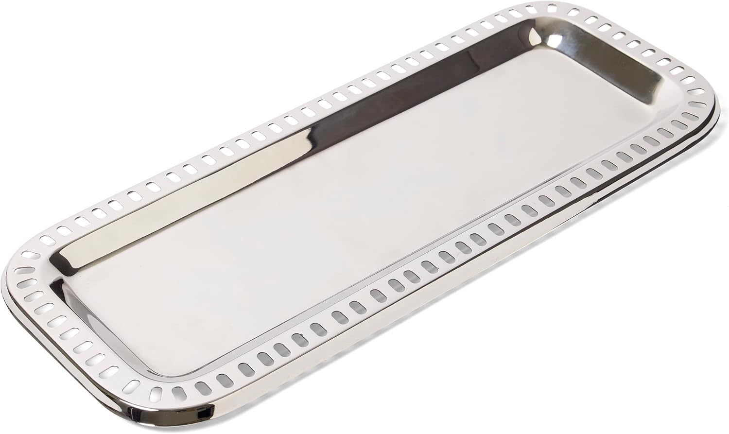 Front. Jiallo - 15.5" × 6.25" Stainless Steel Rectangular Serving Tray – Decorative Cut‑Out Rim – Mirror Polished - Silver.