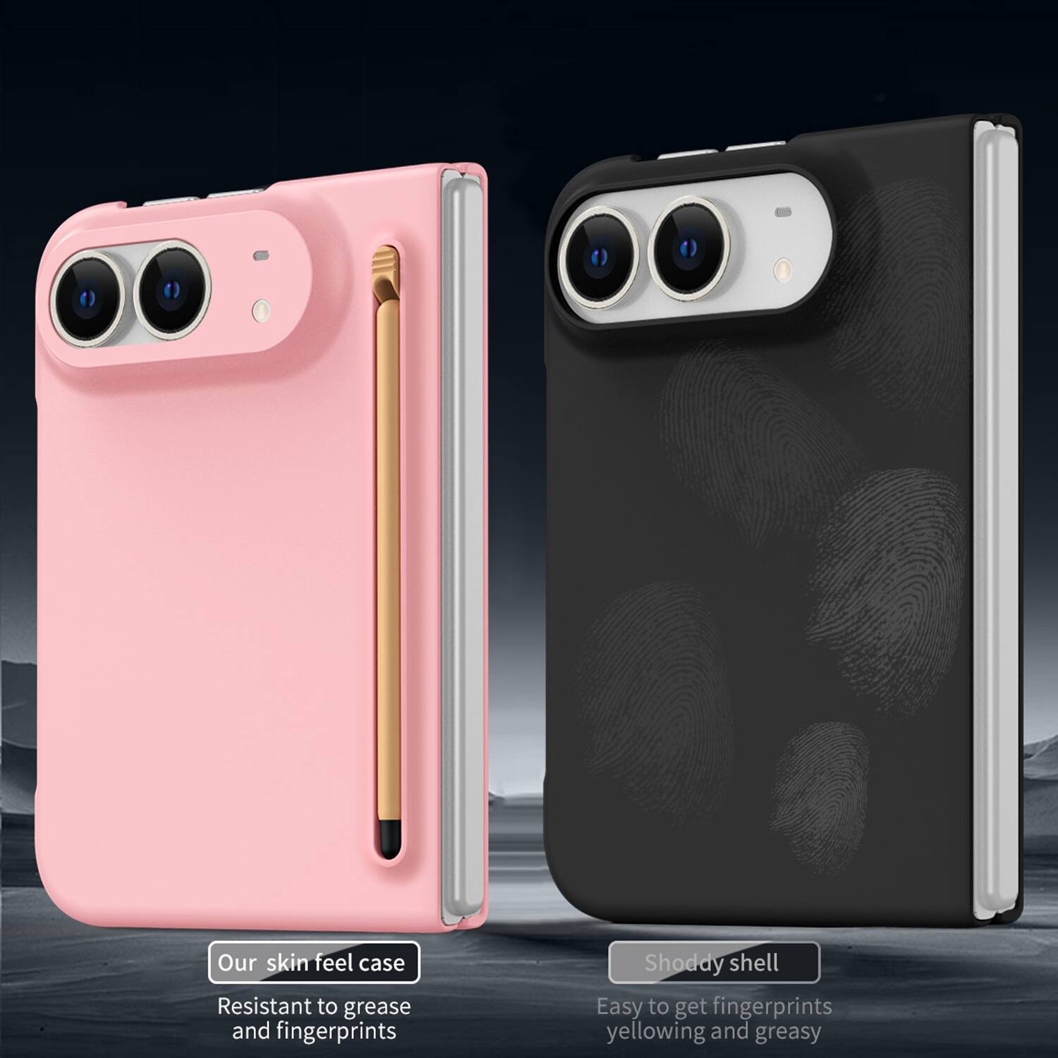 Our skin feel case is resistant to grease and fingerprints.  
Shoddy shell is easy to get fingerprints, yellowing, and greasy.