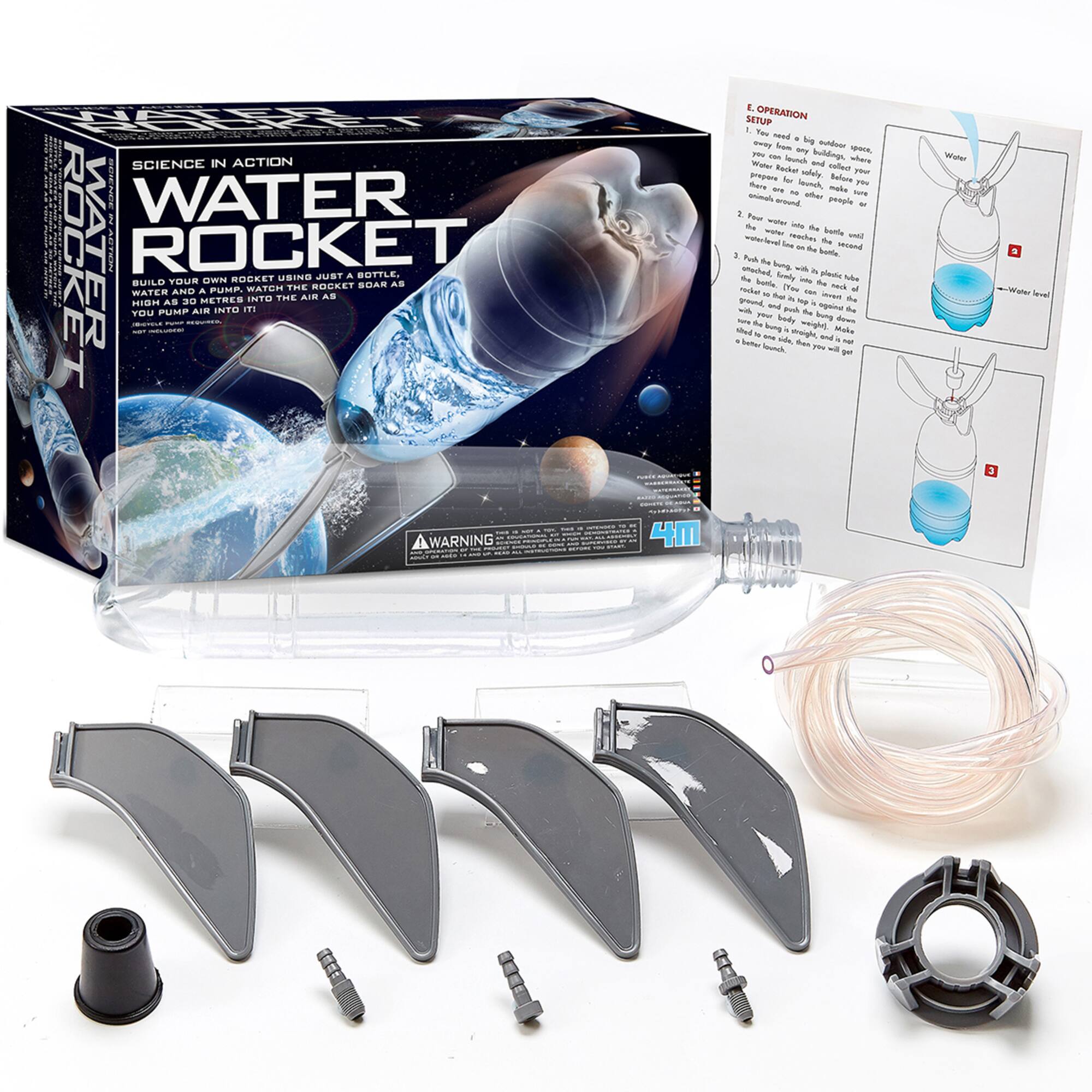 SCIENCE IN ACTION | WATER ROCKET

BUILD YOUR OWN ROCKET USING JUST A BOTTLE AS THE AIR AS YOU PUMP AIR INTO IT

E. OPERATION SETUP

1. Find a big outdoor space, away from buildings and other people. Prepare for fun! Before you start, make sure you have enough water, a bottle, and a pump.

2. Pour water into the bottle until it is about a third full.

3. Push the bottle into the launcher, making sure it is secure.

4. Pump air into the bottle until it is full.

5. Make sure the bottle is secure, then push the button to launch.

WARNING
