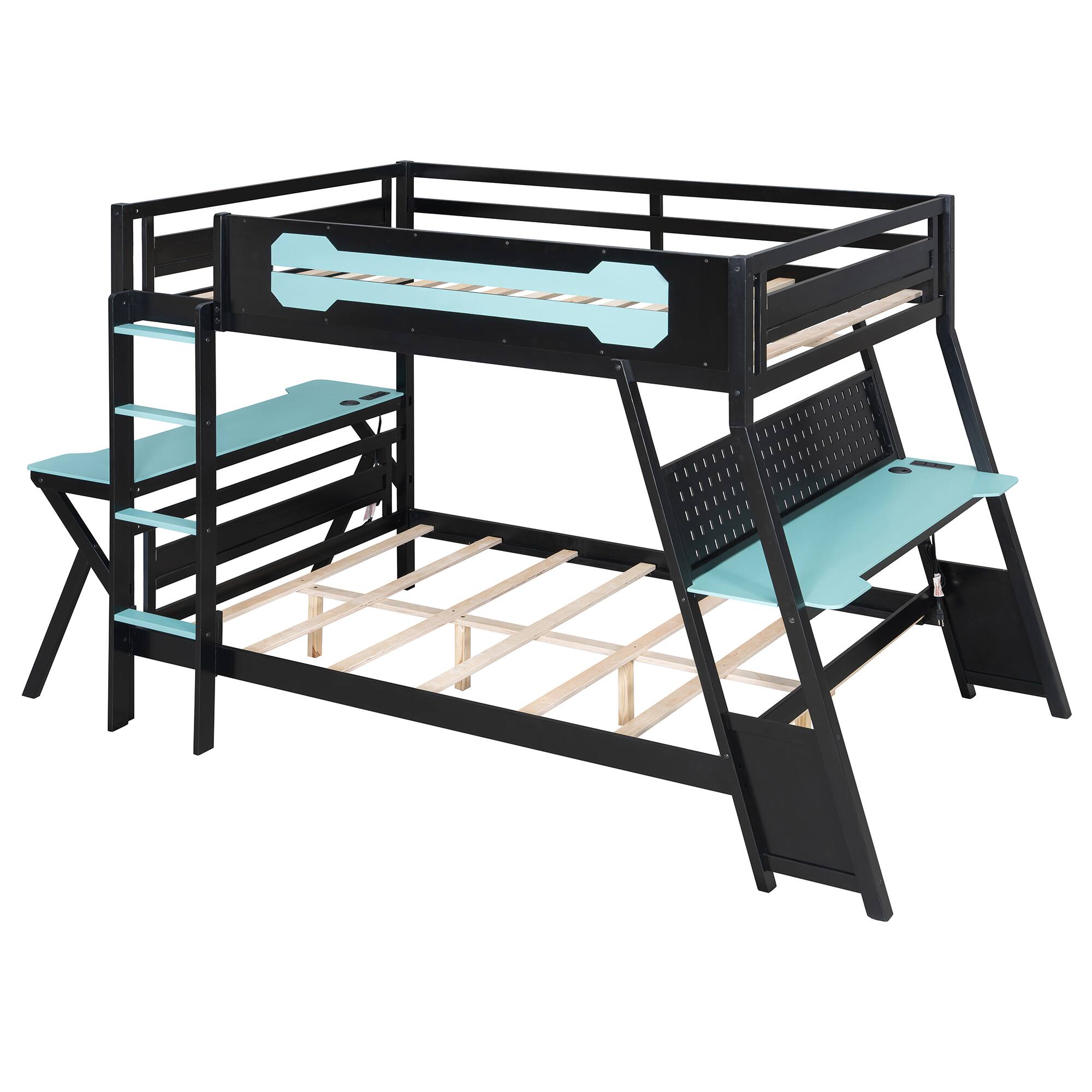 Alt View 1. Anysun - Full Size Bunk Bed with Two Built-In Gaming Desks, USB Desktop Ports & Pegboard Organizer, Gaming Bunk Frame for Gamer - Blue.