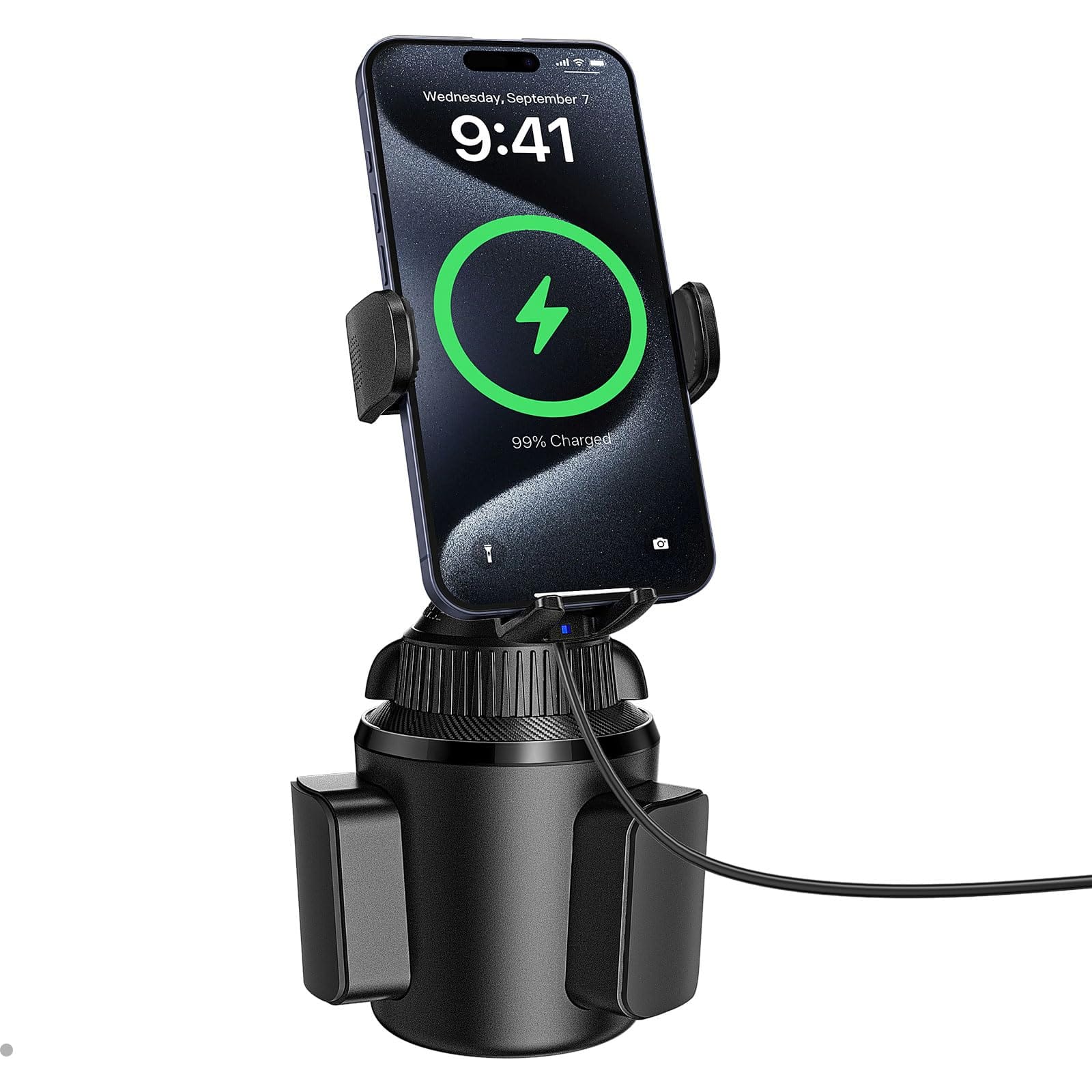 VEGA AUTOMOTIVE - 15w Qi Wireless Car Solid Cup Holder Mount Adjustable Long Arm Rotation Fits 3 4 Round Holders Works With C - Upgraded Wireless Charger