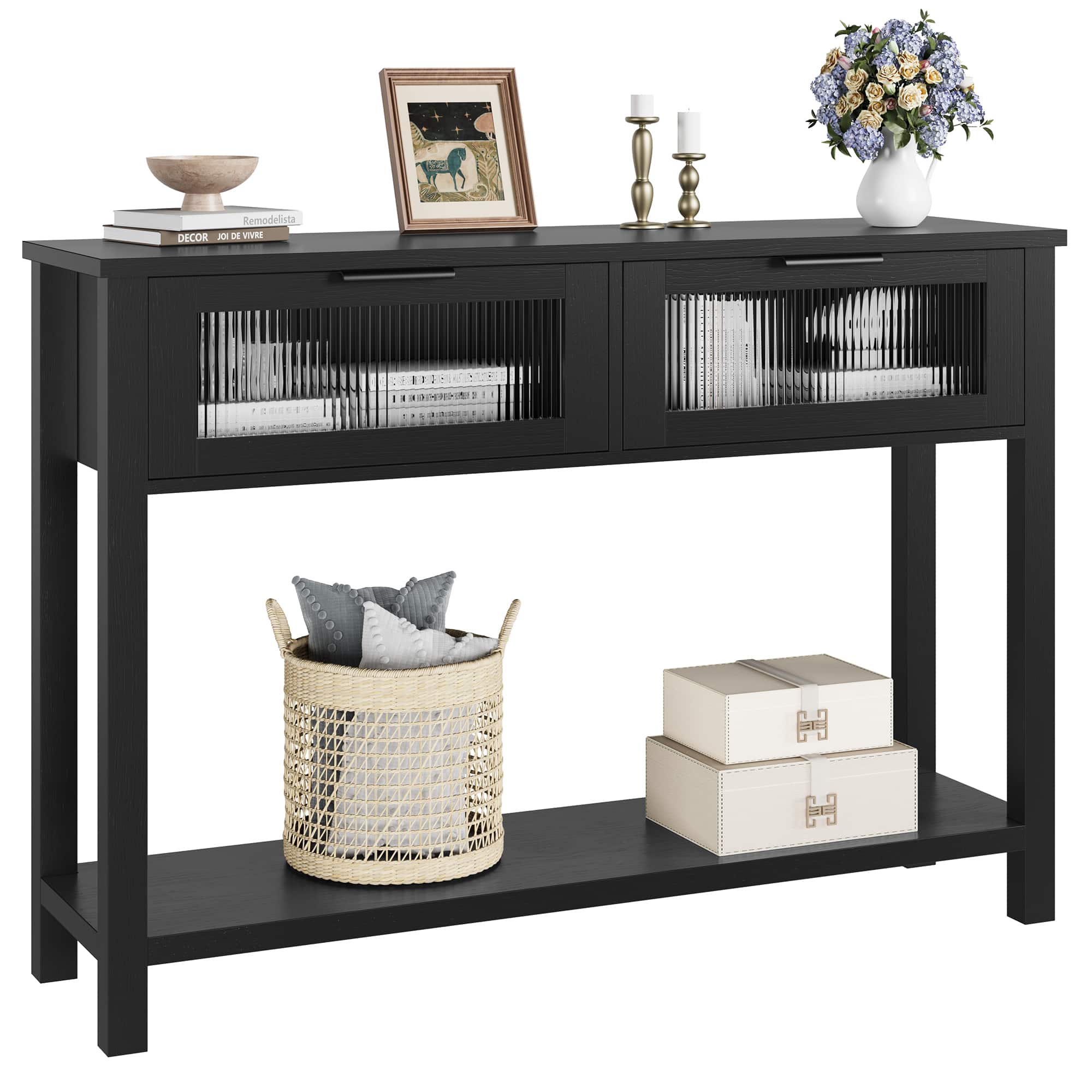 Acekool - 43'' Narrow Console Table with 2 Glass Drawers, 2-Tier Sofa Table for Entryway - Black