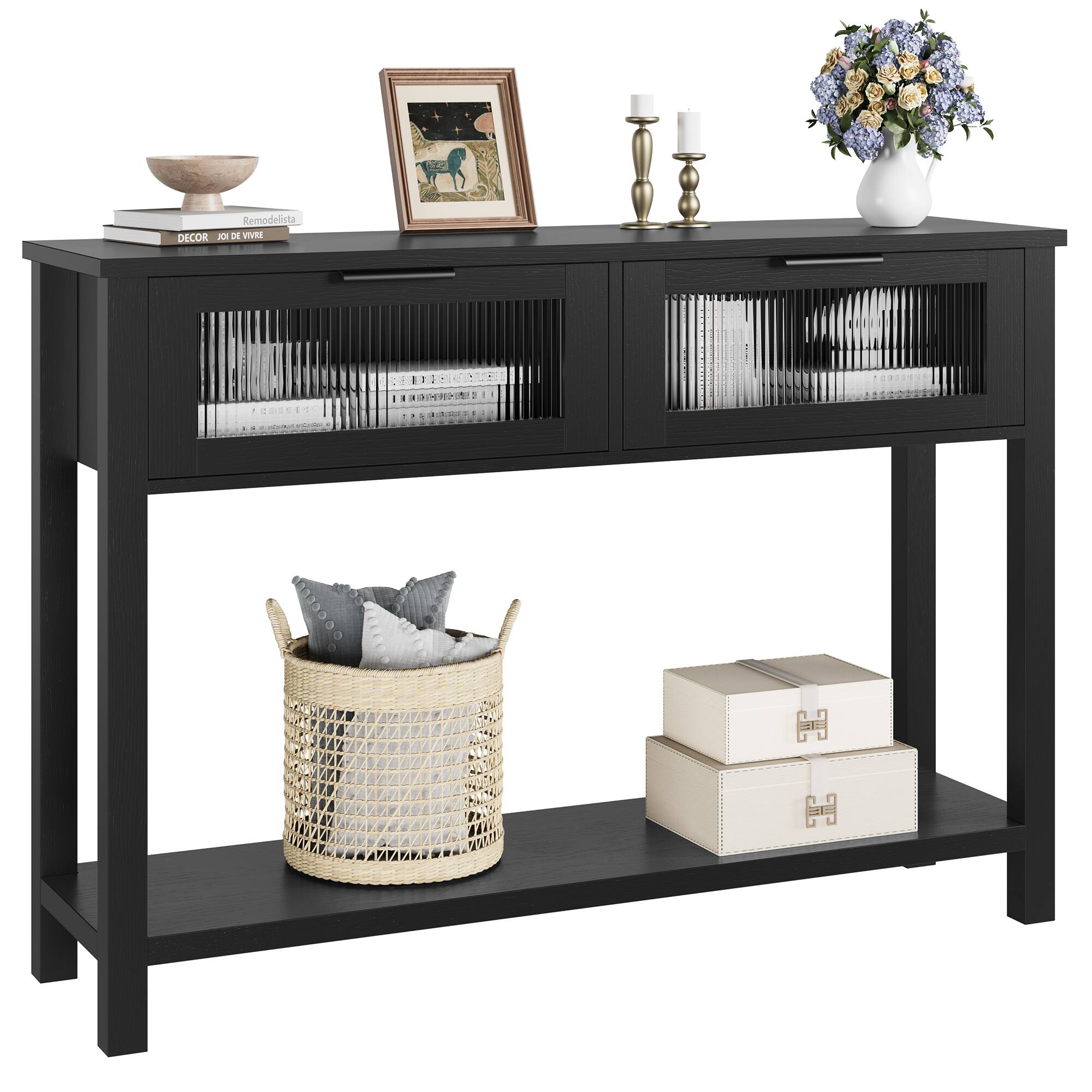 Acekool - 43'' Narrow Console Table with 2 Glass Drawers, 2-Tier Sofa Table for Entryway - Black