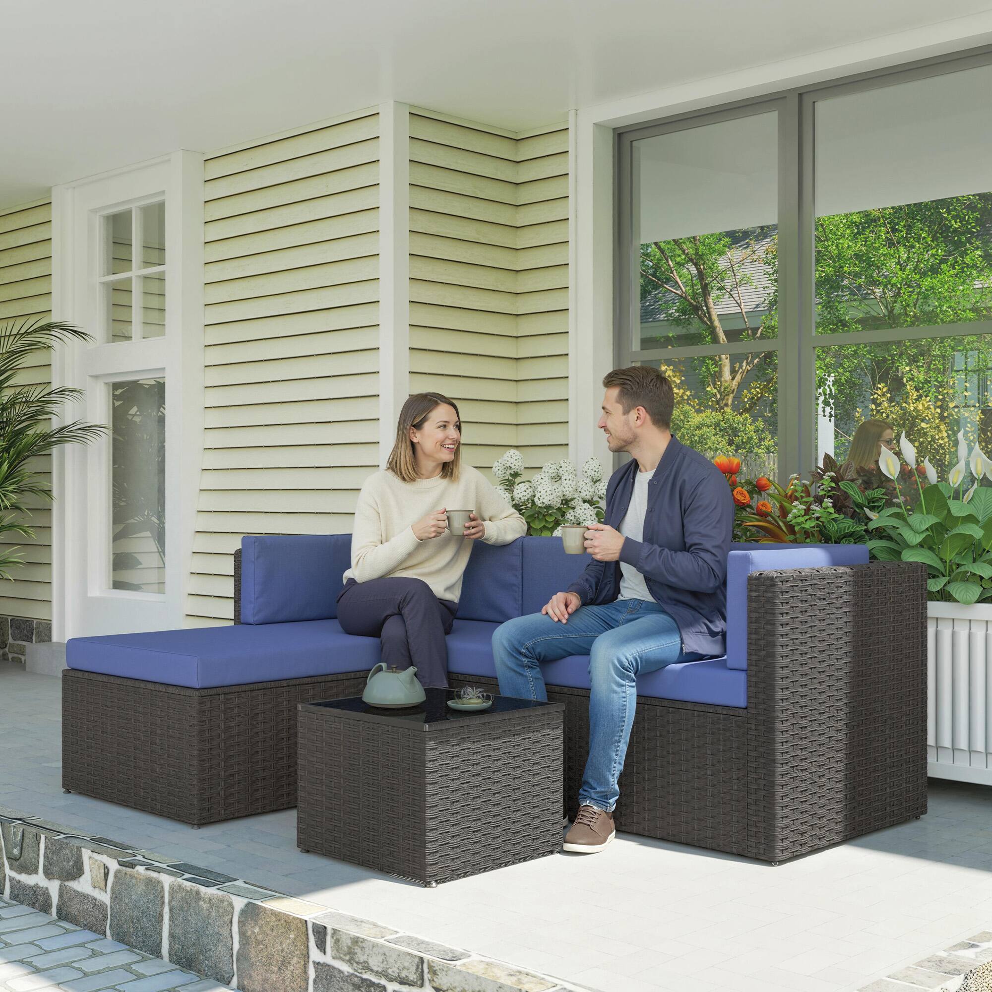 Alt View 1. Outsunny - Piece Patio Furniture Set, Wicker Outdoor Patio Conversation Furniture Set with Cushions, Glass Top Table - Navy Blue.
