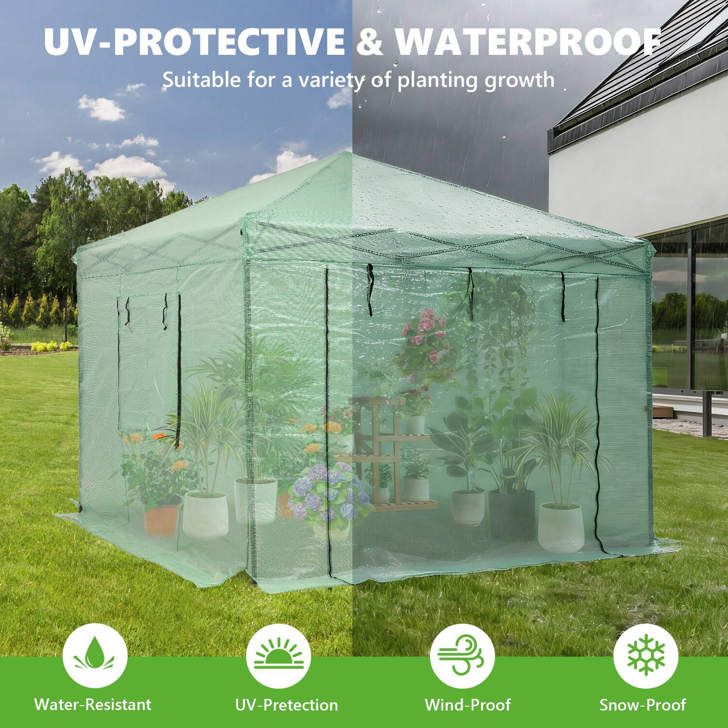 UV-Protective & Waterproof  
Suitable for a variety of planting growth  

Water-Resistant  
UV-Protection  
Wind-Proof  
Snow-Proof