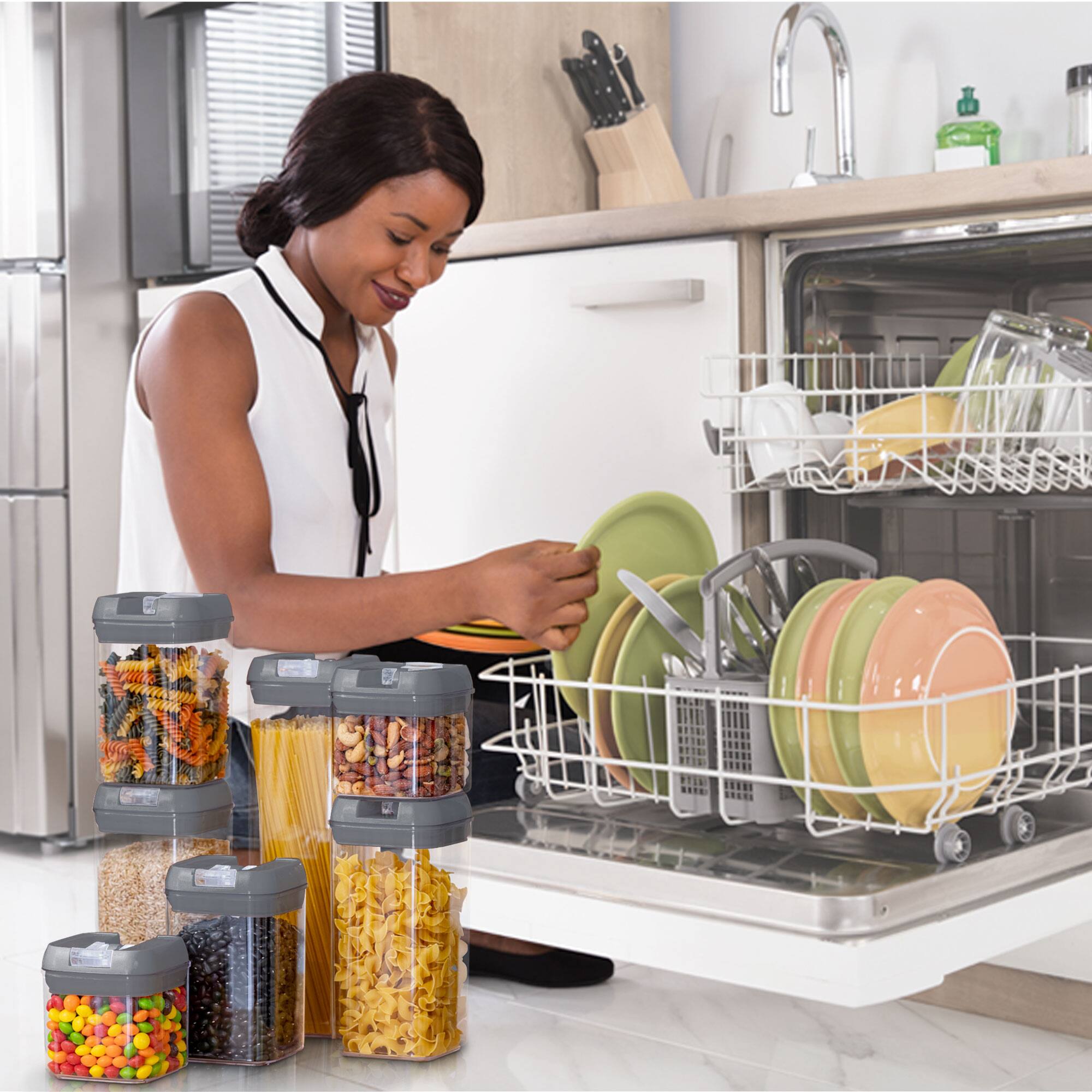 Alt View 3. Cheer Collection - 7-Piece Airtight Pantry Food Storage Container Set with Mixed Sizes, Flip-Top Lids & Reusable Labels - Grey.