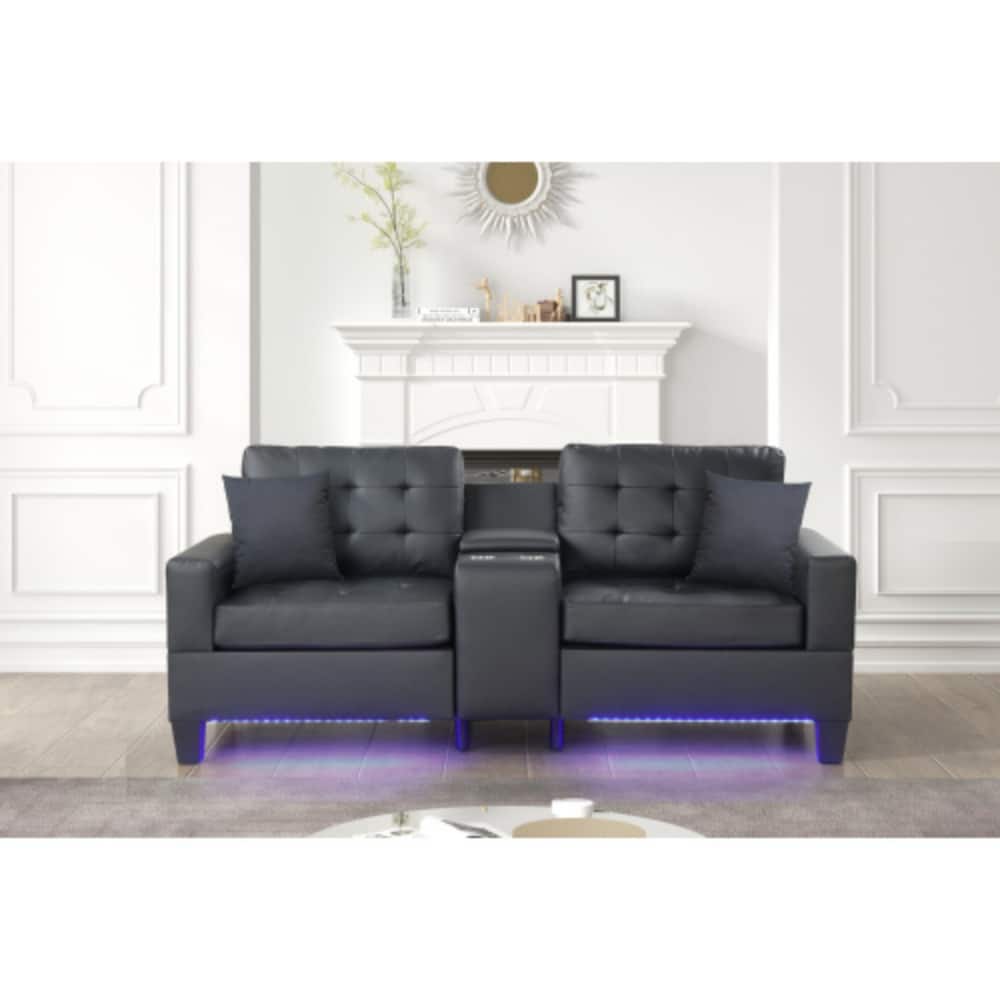 LUCKY ONE - 85" Black PVC Fabric Sofa with LED Lights, USB Charging Ports, Storage Console, Cupholders, Tufted Cushions - Black