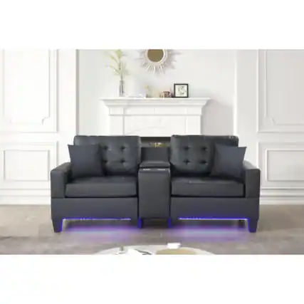 Front. LUCKY ONE - 85" Black PVC Fabric Sofa with LED Lights, USB Charging Ports, Storage Console, Cupholders, Tufted Cushions - Black.