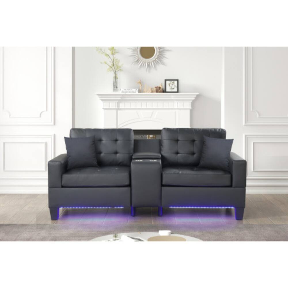 Front. LUCKY ONE - 85" Black PVC Fabric Sofa with LED Lights, USB Charging Ports, Storage Console, Cupholders, Tufted Cushions - Black.