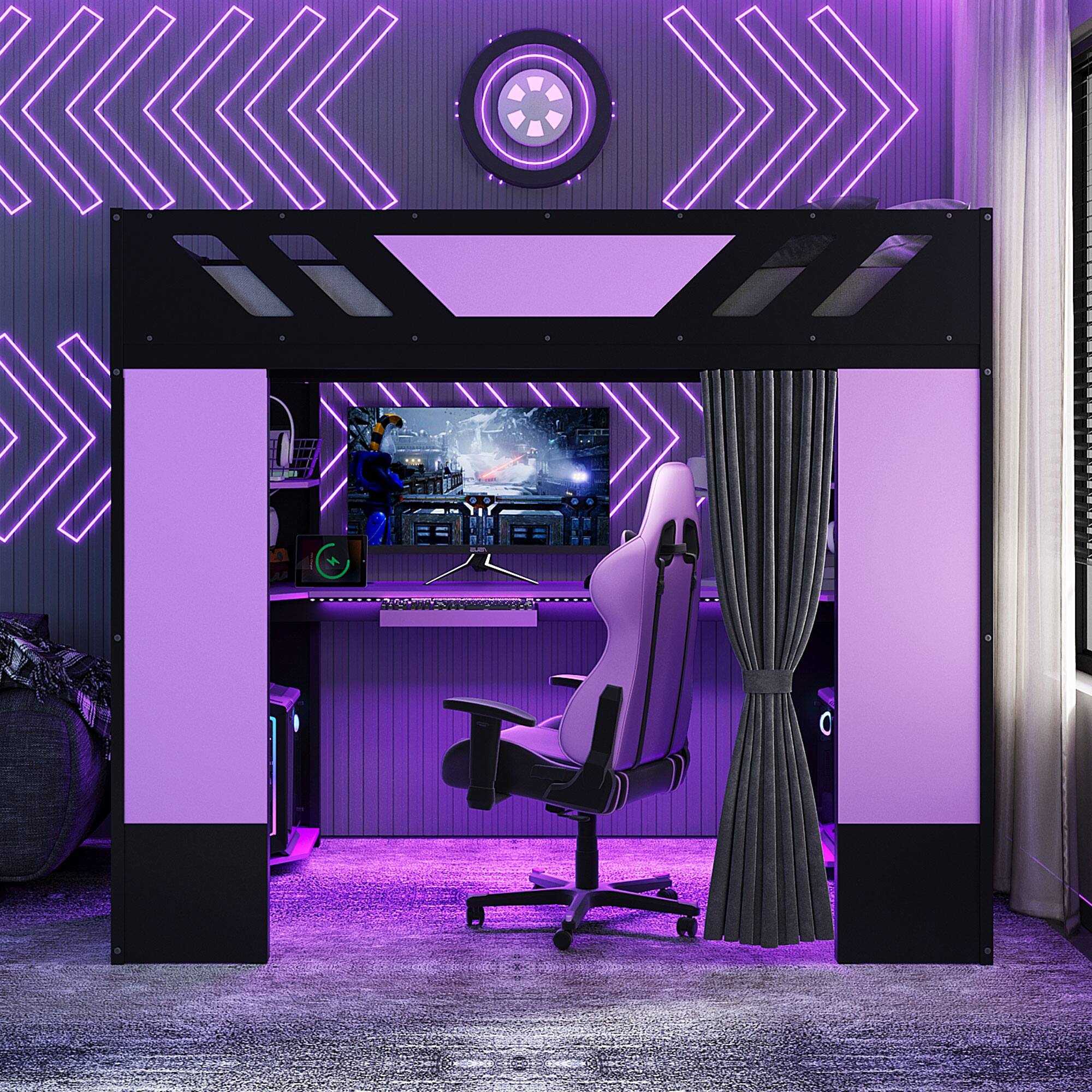 Angle. Anysun - Full Size Wood Loft Bed with,Shelves,Blackout Curtains,and RGB Lights - Purple.