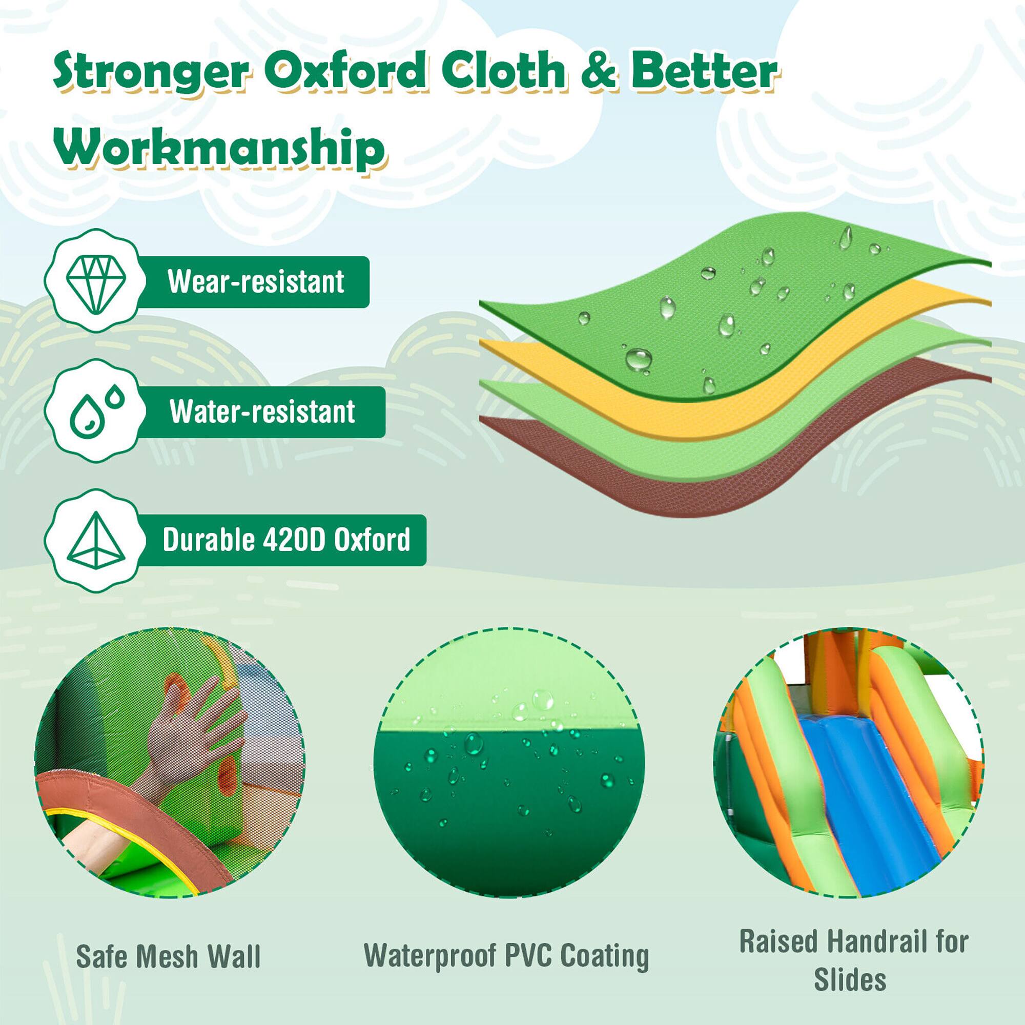 Stronger Oxford Cloth & Better Workmanship

- Wear-resistant
- Water-resistant
- Durable 420D Oxford

- Safe Mesh Wall
- Waterproof PVC Coating
- Raised Handrail for Slides