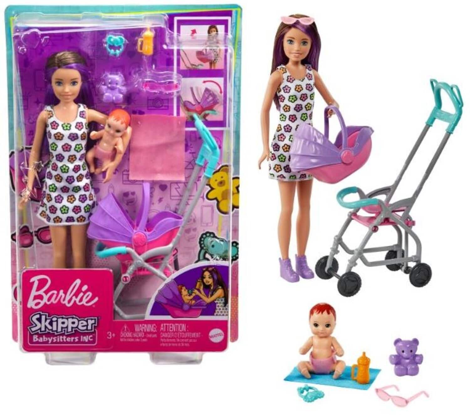 Mattel - Barbie Skipper Babysitters Inc. Stroller Playset, Brunette and Purple Hair - COLLECTABLES - Multicolor
