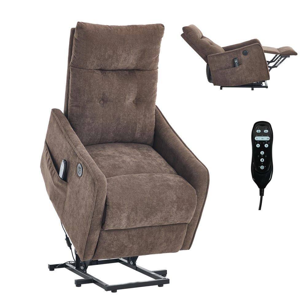 Left. Kadyn - Power Lift Recliner Chair, Single Motor Massage & Heat, USB Port, 155° Recline, Chenille Fabric, Brown - Brown.