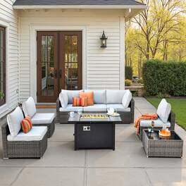 Ovios - 8 PCS Patio Furniture Set with 42" Fire Pit Table, Sectional Wicker Sofa with Coffee Table - Gray