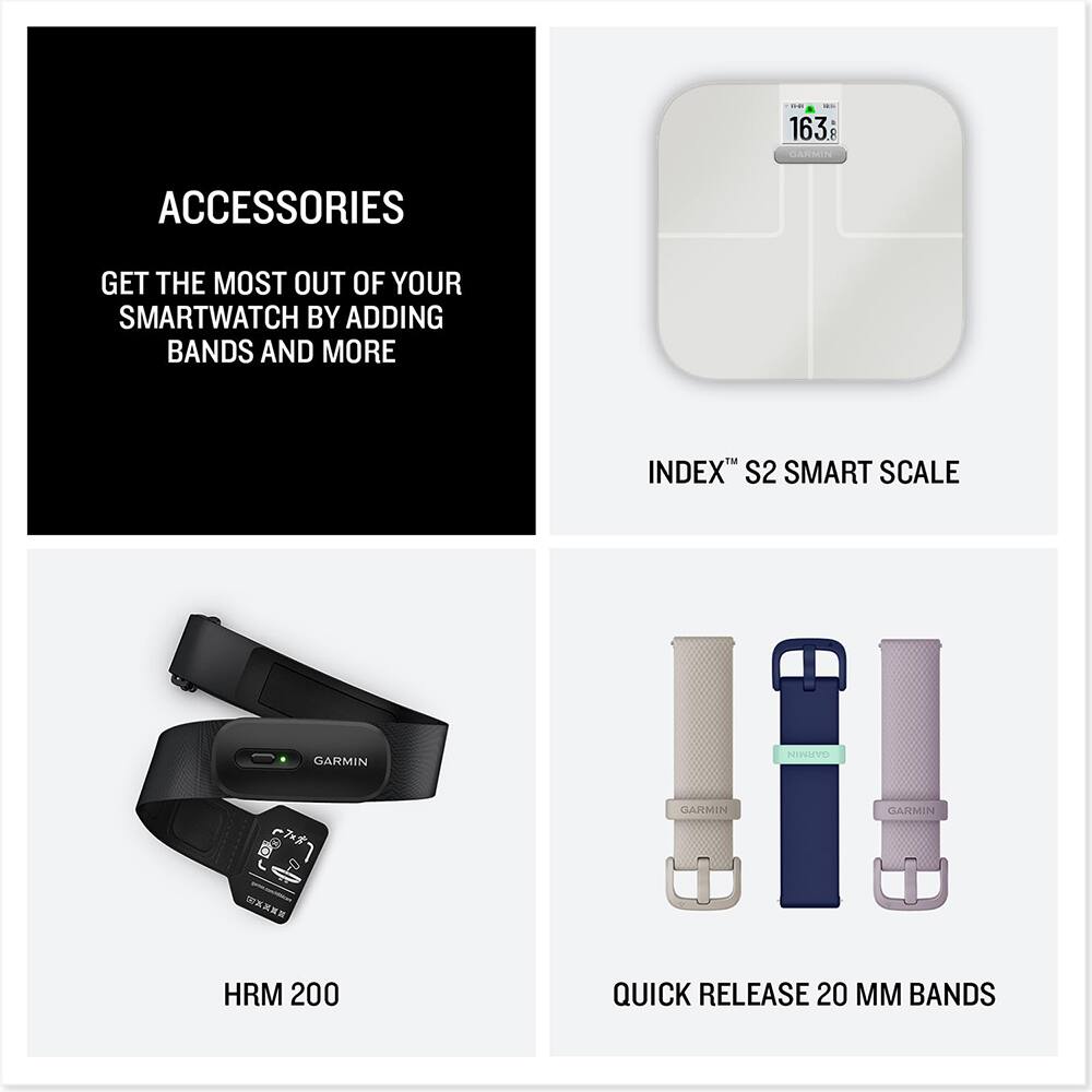 -.- - 163 F GARMIN ACCESSORIES GET THE MOST OUT OF YOUR SMARTWATCH BY ADDING BANDS AND MORE T INDEX S2 SMART SCALE GARMIN NISIVO GARMIN GLARMIN X HRM 200 QUICK RELEASE 20 MM BANDS