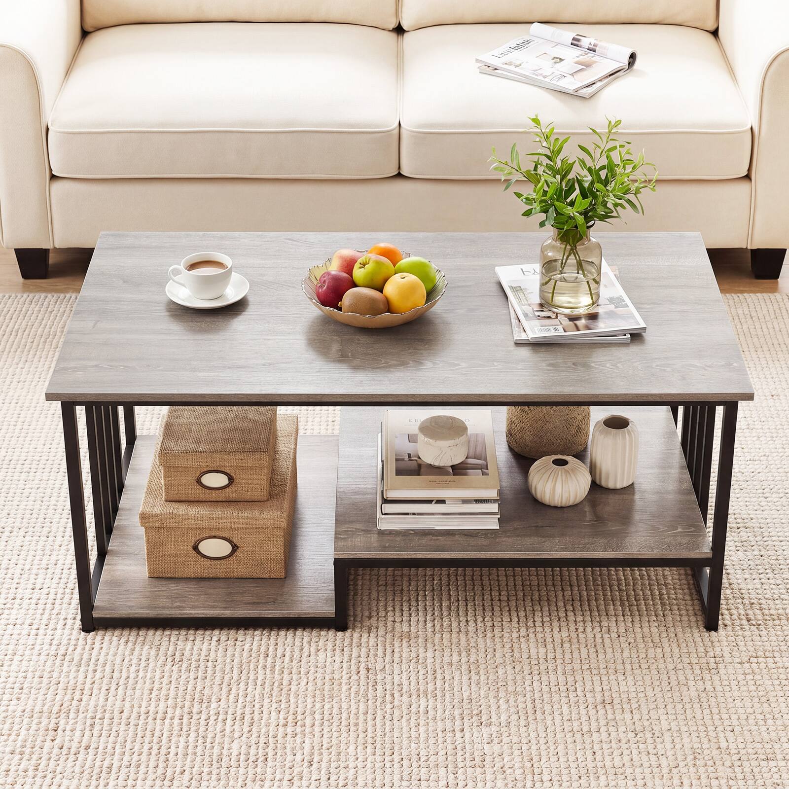 Alt View 1. Gymax - Gymax 2-Tier Coffee Table 43.5'' Industrial Rectangle Center Table w/Open Storage Shelf Oak & Black - Black.