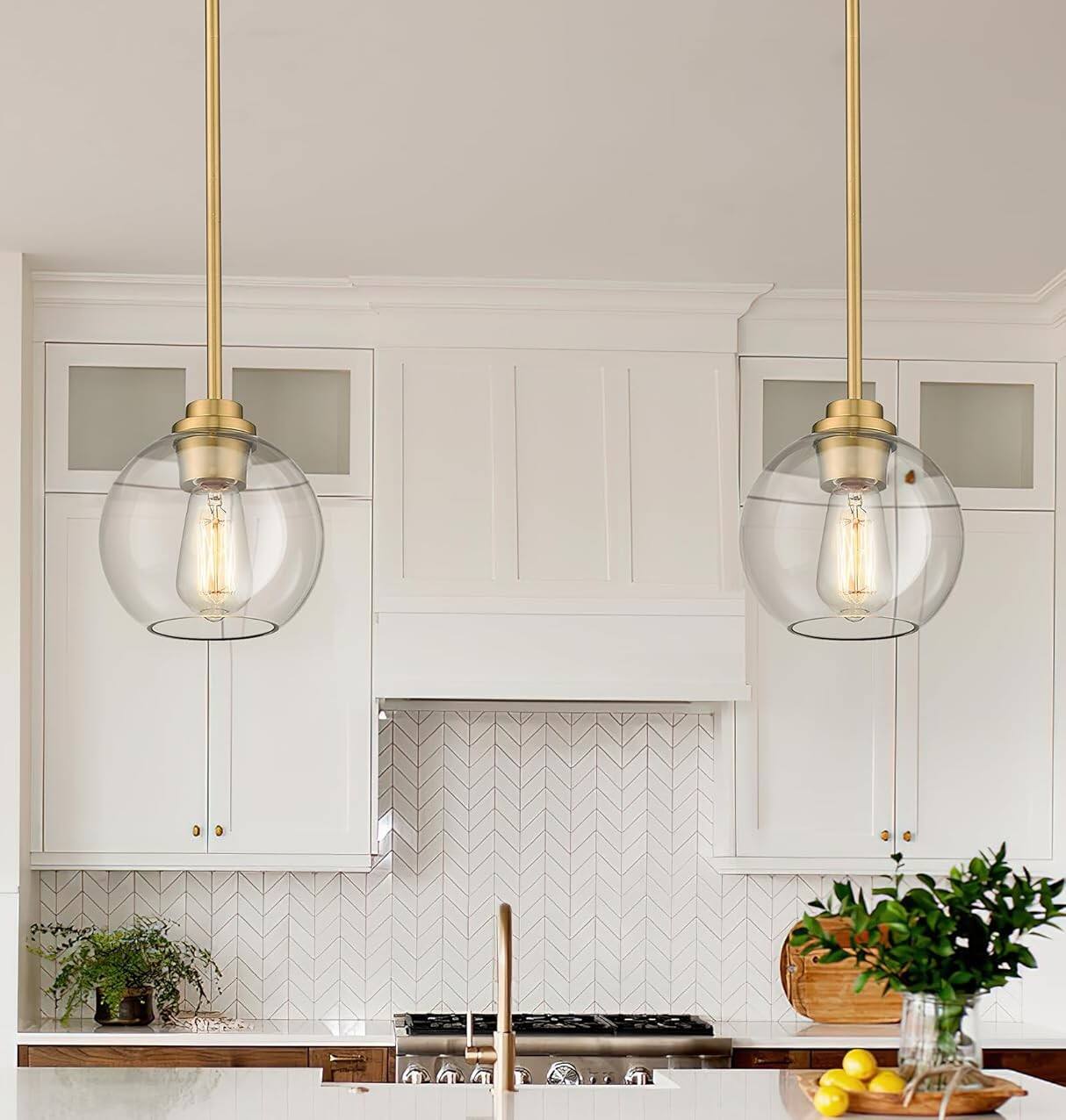 Alt View 1. FINEAK - Farmhouse Kitchen Island Pendant Lights with Clear Glass Shade (2-Pack) - Clear Glass Globe.