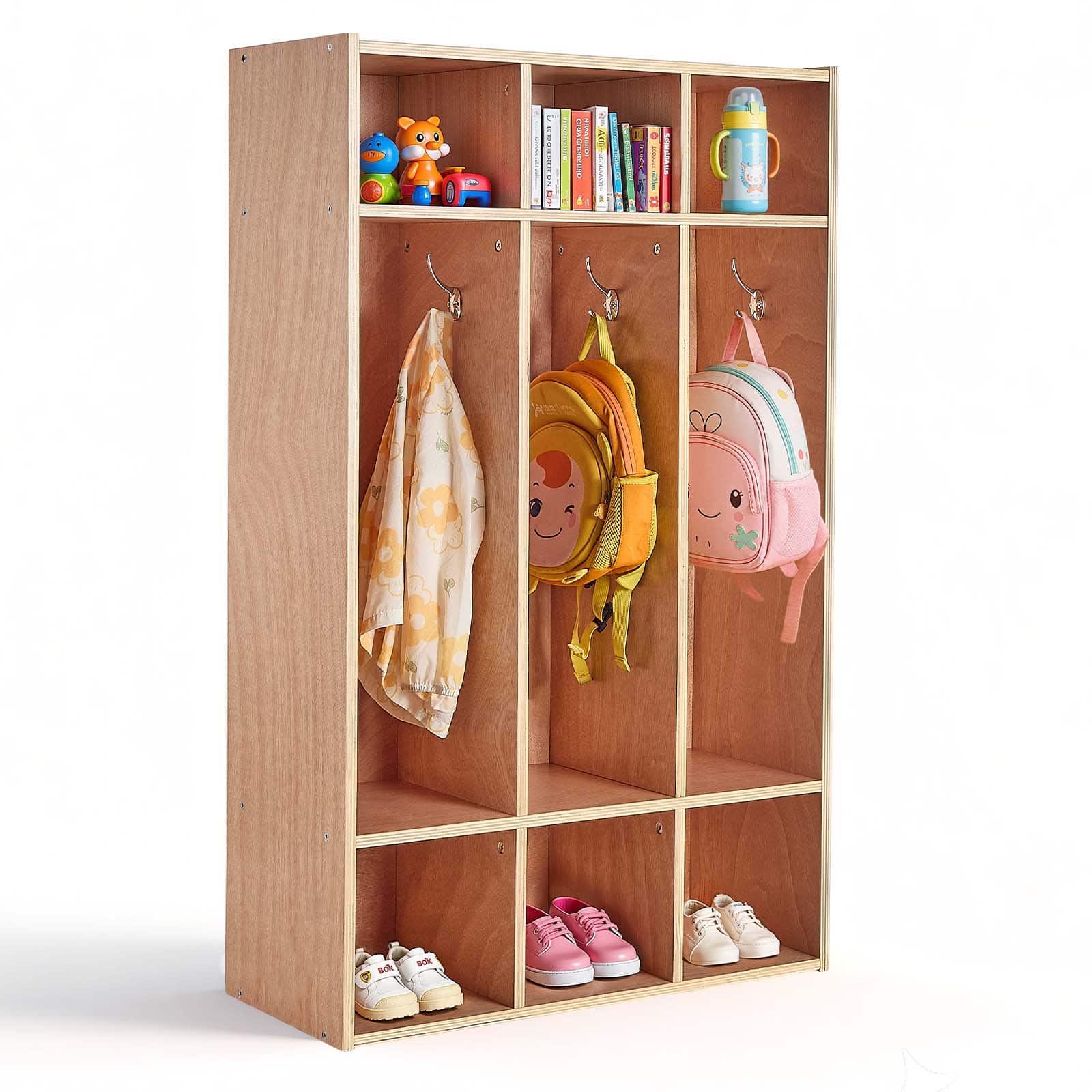 VEVOR - 3-Section Kids Coat Locker,Wooden Toddler Cubby Storage Organizer with 6 Hooks & Non-Slip Mat,6 Small Open Storage Boxes - Natural Wood