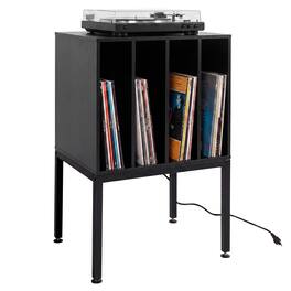 Costway - Record Player Stand with Power Outlets,Turntable Station with Divider Holds150 Records - Black
