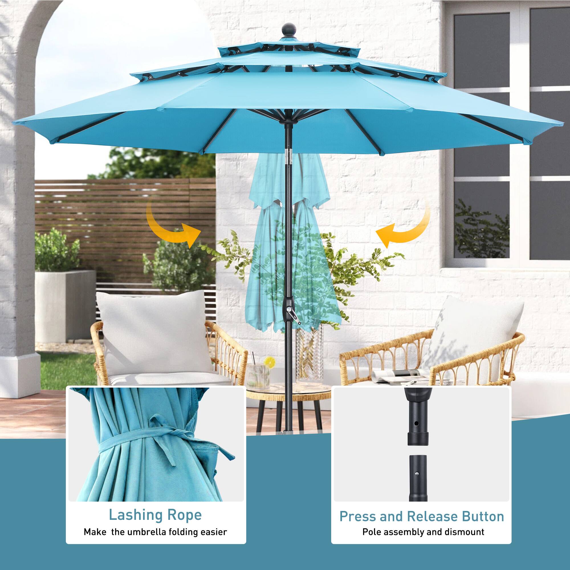 Lashing Rope  
Make the umbrella folding easier  

Press and Release Button  
Pole assembly and dismount