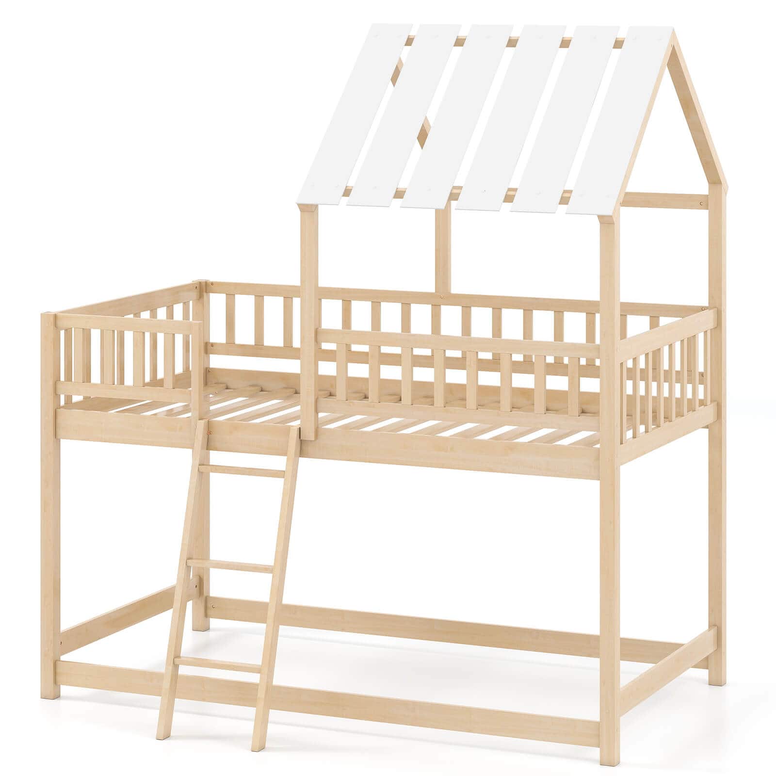 Front. Costway - Costway Twin Over Twin House Bunk Bed with Roof, Ladder & Full-length Guardrails for Kids - Natural.