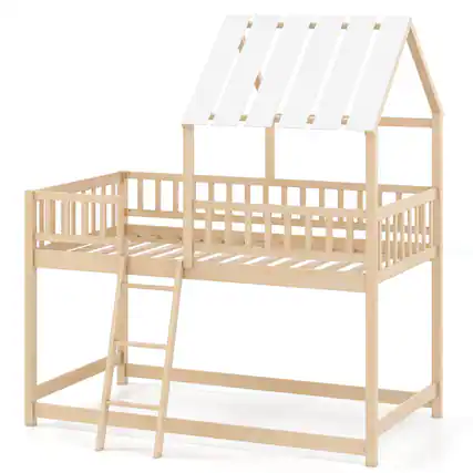 Front. Costway - Costway Twin Over Twin House Bunk Bed with Roof, Ladder & Full-length Guardrails for Kids - Natural.