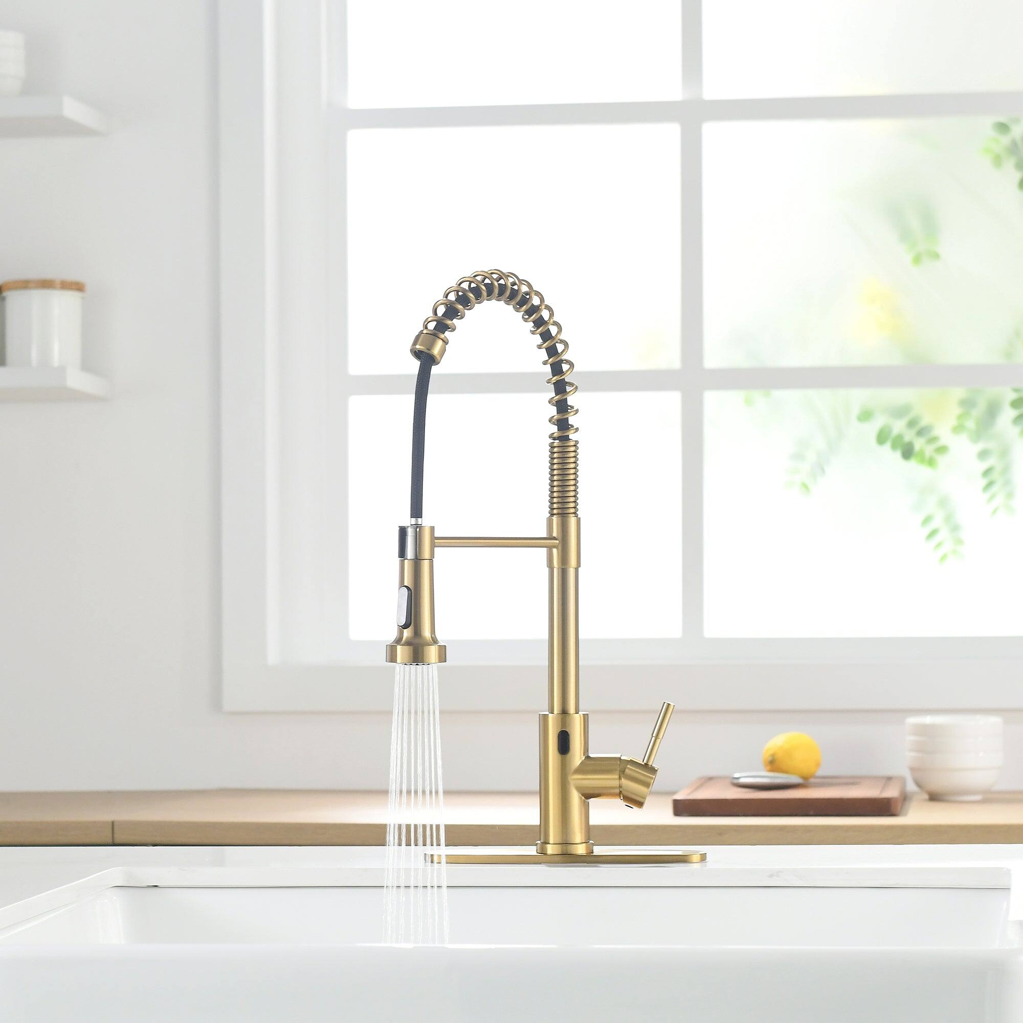 Angle. Boyel Living - Brushed Gold 2 Spray Patterns Single Handle Touchless Pull Down Kitchen Faucet with Deckplate Included - Brushed Gold.