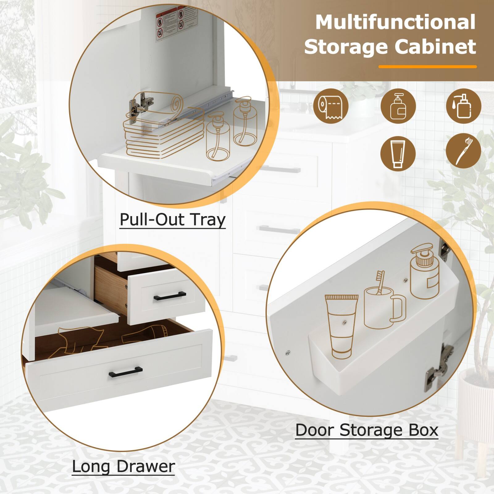 Multifunctional Storage Cabinet

- Pull-Out Tray
- Long Drawer
- Door Storage Box
