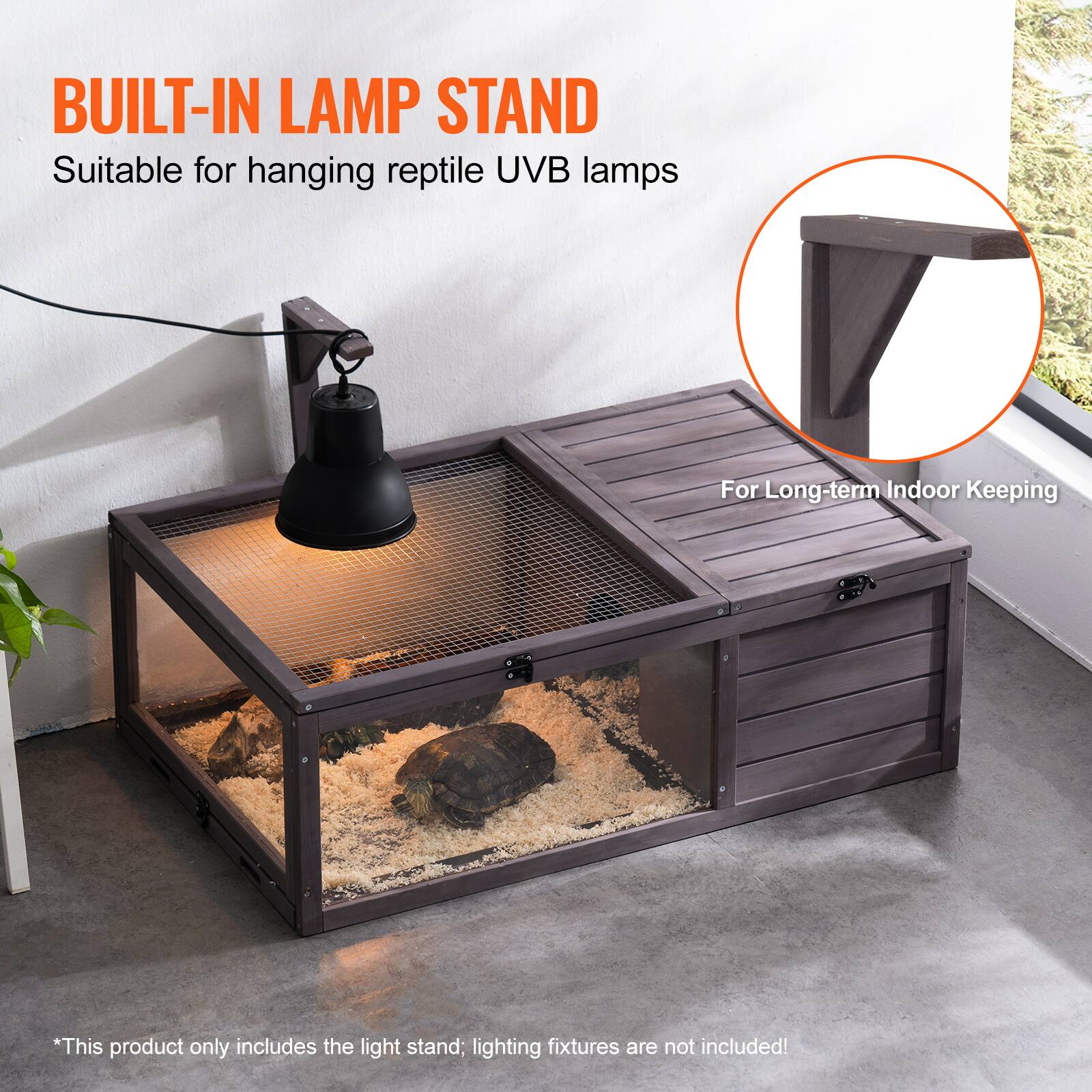 BUILT-IN LAMP STAND  
Suitable for hanging reptile UVB lamps  

For Long-term Indoor Keeping  

*This product only includes the light stand; lighting fixtures are not included!