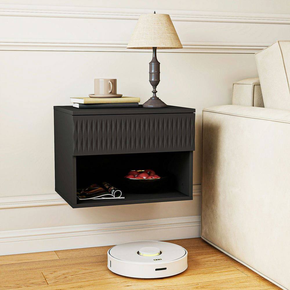Alt View 8. Kadyn - Twist-Textured Double-Mounted Wall-Mounted Floating Nightstand with Drawer for Bedroom - Black - Black.
