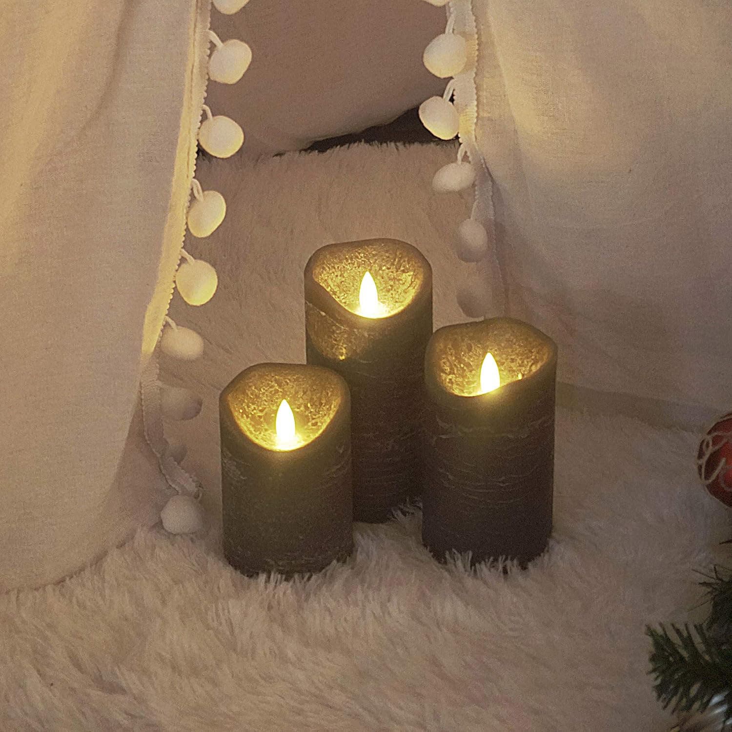 Alt View 4. FINEAK - 3 Pack Rustic Gray Flameless Pillar Candles: Real Wax, Battery-Operated with 6H Timer (6H On/18H Off) - ‎Gray.