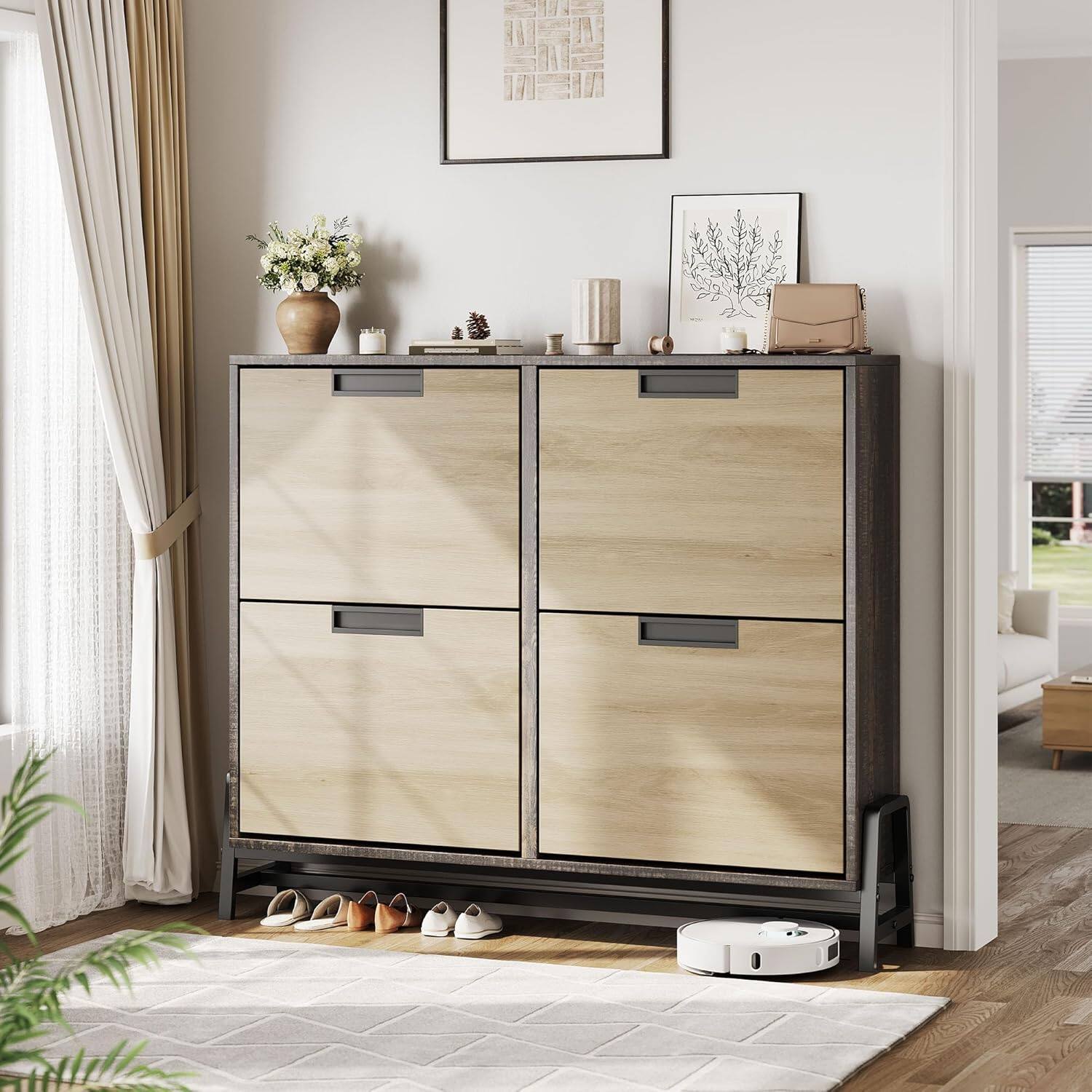 Front. Babevy - White Shoe Storage Cabinet with 2 Flip Doors, 3-Tier Adjustable Narrow Organizer Rack, Freestanding Farmhouse - Oak.